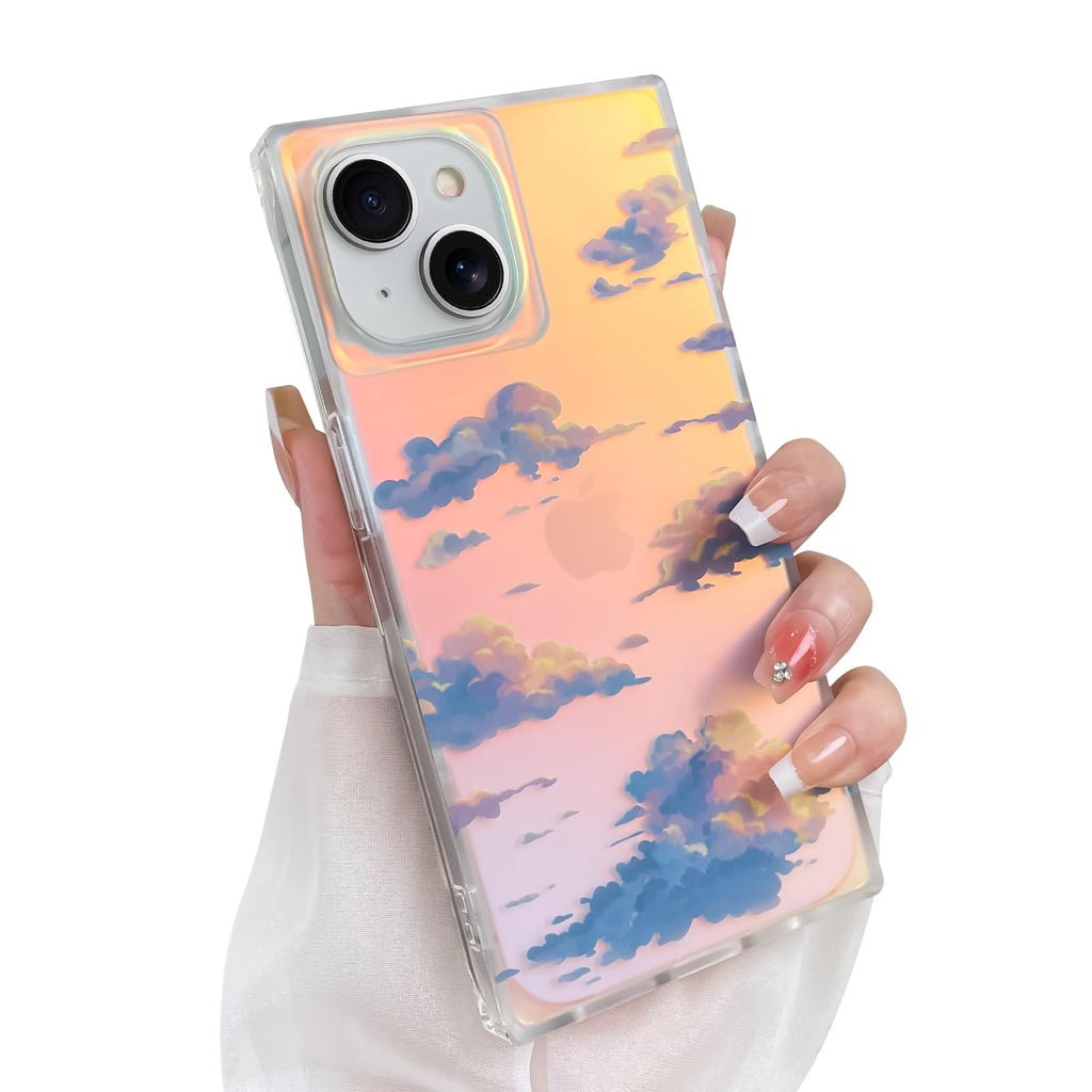 Cute Case for iPhone 13 Pro Case for Women Girls with Iridescent Cloud Pattern Design, Aesthetic Trendy Girly Matte Glitter Sparkly Rainbow Rectangle Protective Phone Cover, Sun Set Sky