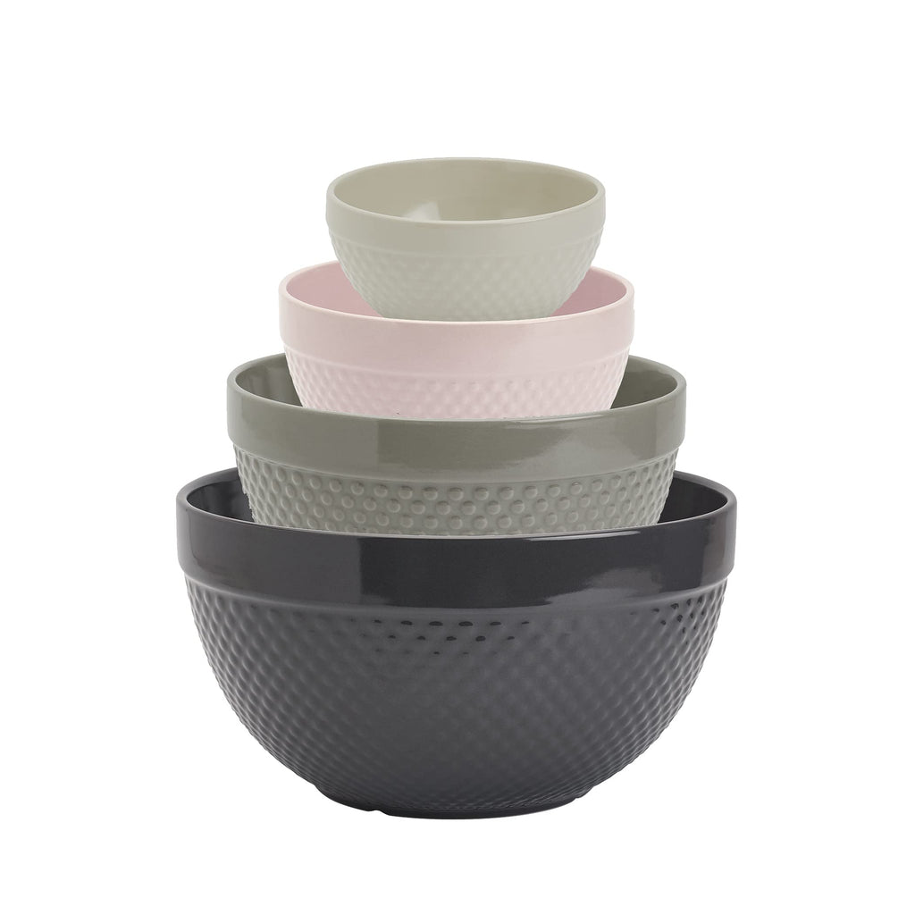 TTU Tabletops Gallery Hobnail Style 4 Piece Timeless Grey Stoneware Nesting Mixing Bowl Set for Baking and Cooking