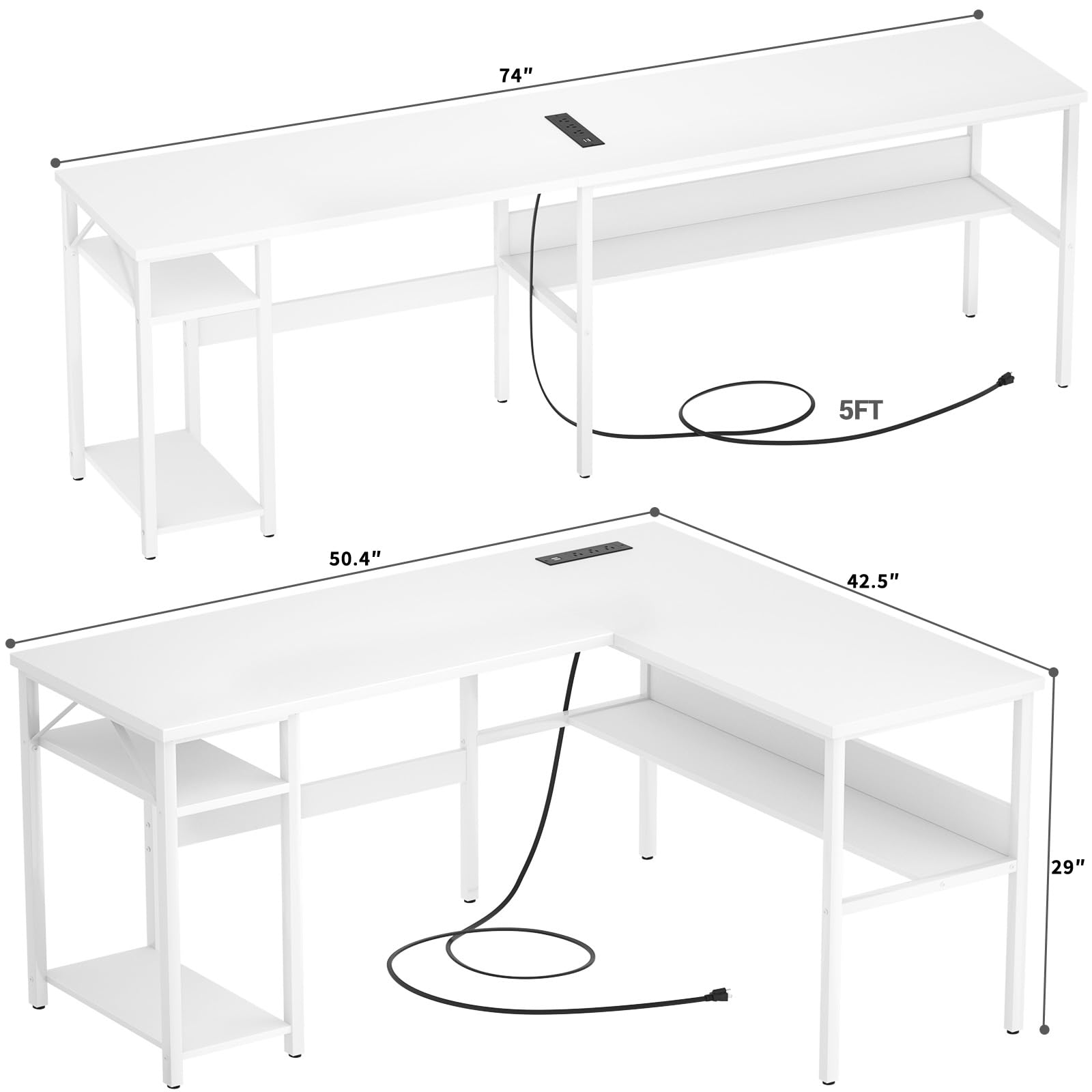 Reversible L Shaped Gaming Desk with Power Outlets and USB Charging Ports, Sturdy Computer Desk with Storage Shelf, Modern Corner Desk Home Office Table, Easy to Assemble, Gray Oak