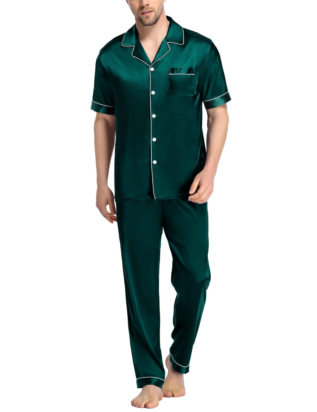 SWOMOG Mens Satin Pajama Set Short Sleeve Classic Sleepwear Button Down Silky Loungewear with Long Pants