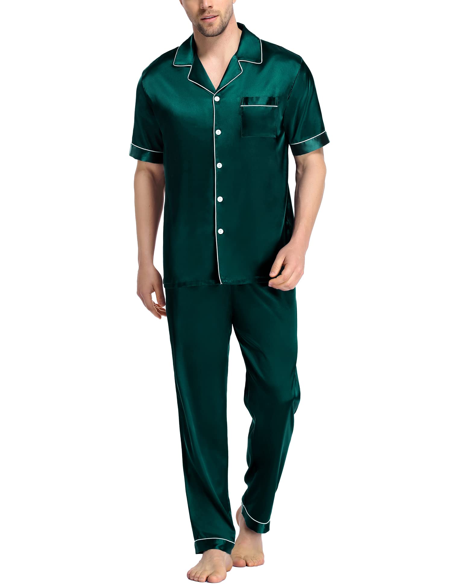 SWOMOG Mens Satin Pajama Set Short Sleeve Classic Sleepwear Button Down Silky Loungewear with Long Pants