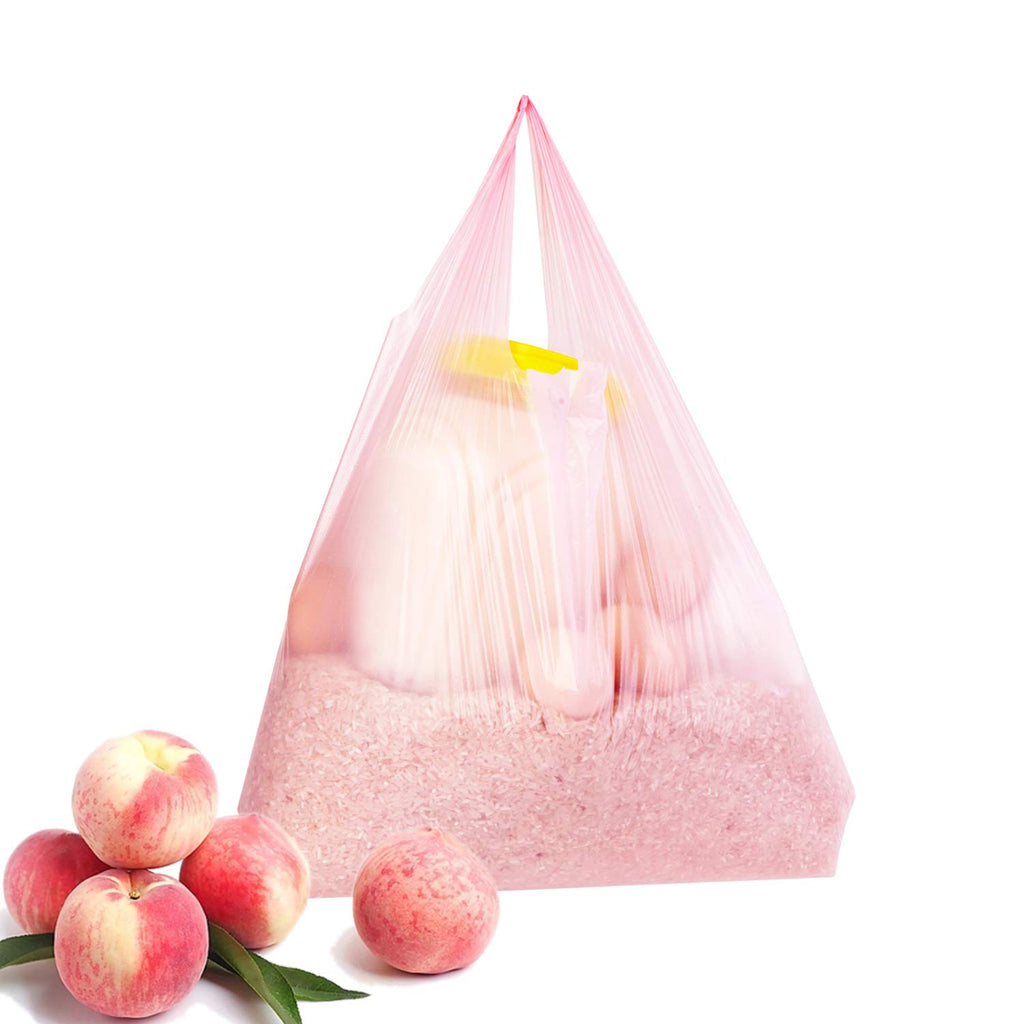 LazyMe T Shirt Bags, Bolsas De Plastico Para Negocio,12x20 Inches Plastic Shopping Bags with Handles for Grocery, Business, Restaurant Use (Pink 100pcs)