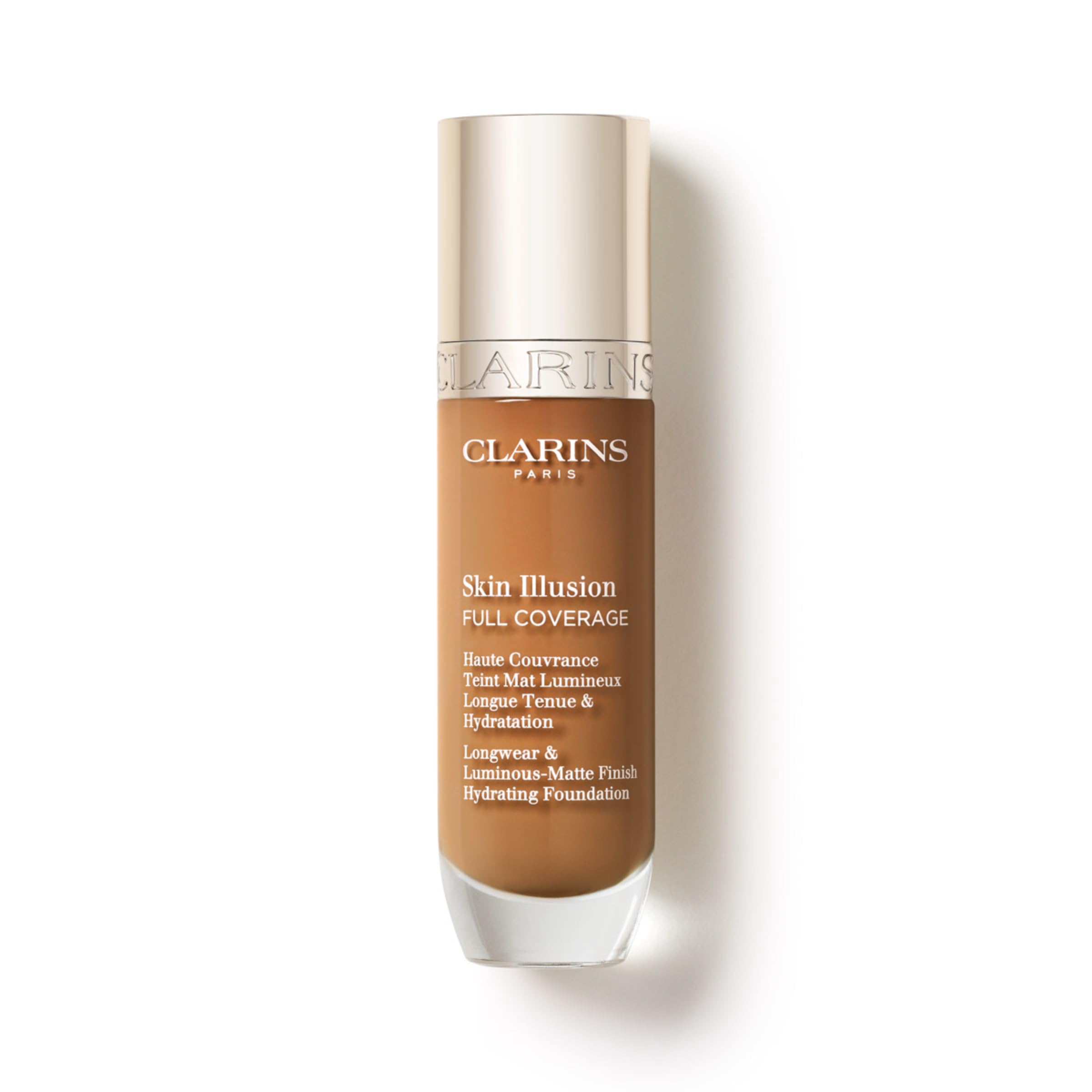 Clarins Skin Illusion Longwear Full Coverage Foundation|Luminous Matte Finish|24H Hold and 24H Hydration|Natural Looking|Transfer, Sweat and Smudge Proof| Contains Hyaluronic Acid|1 Fl Oz