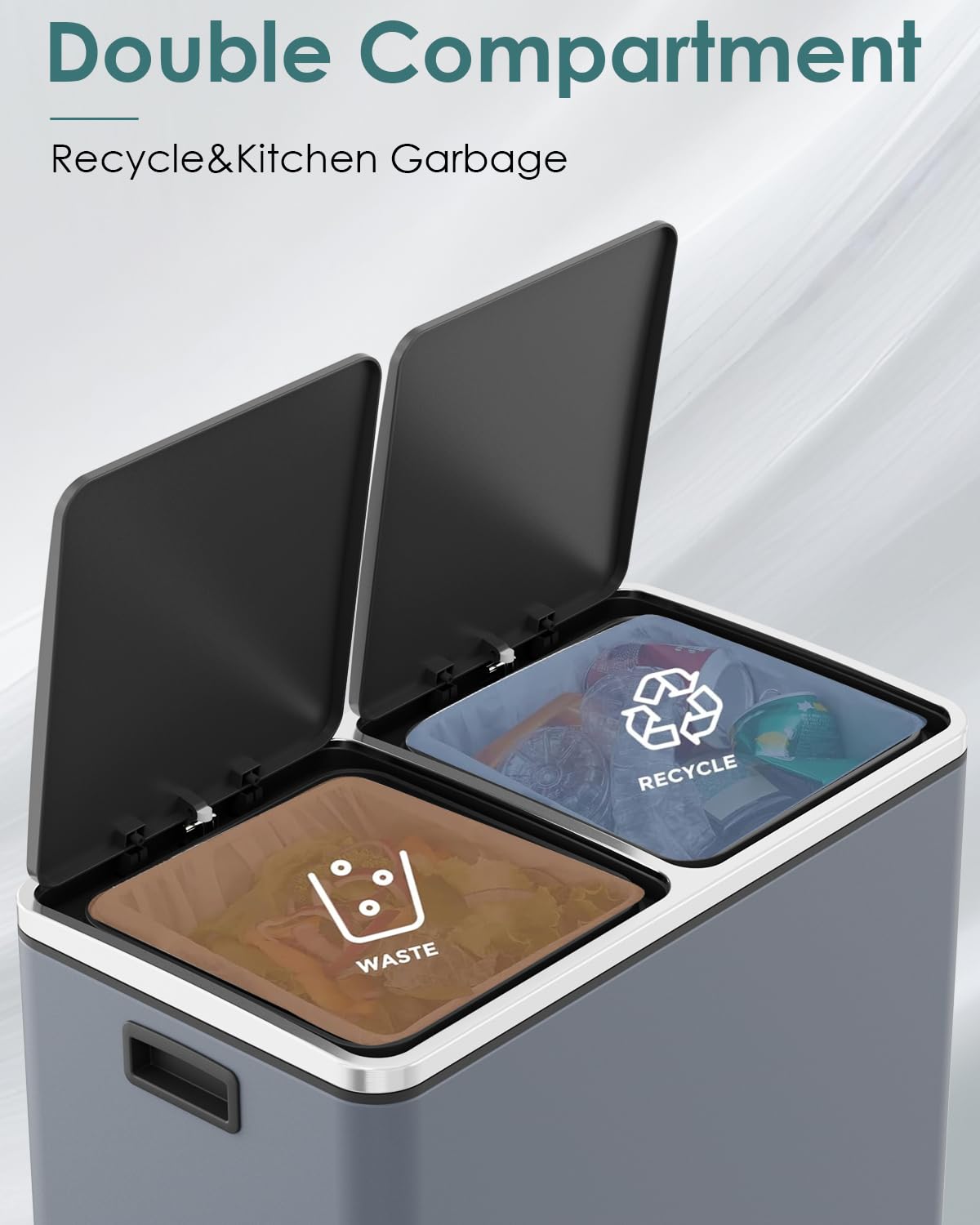 Arlopu Dual Trash Can, 2 x 8 Gallon (2 x 30 L) Hands-Free Trash and Recycle Bin Combo, Stainless Steel Kitchen Garbage Can with Soft-Close Lid, Removable Inner Buckets, Step Pedal, Airtight (Black)