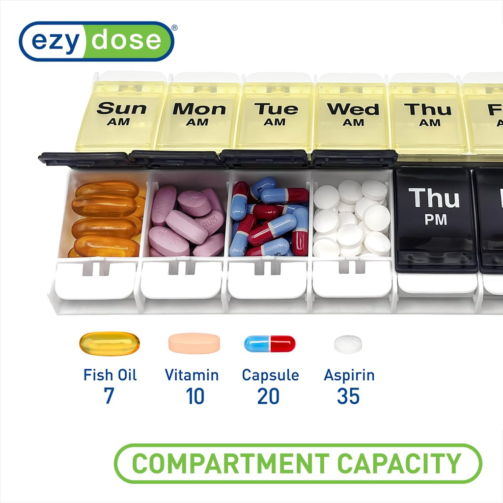 EZY DOSE Push Button (7-Day) Pill Case, Medicine Planner, Vitamin Organizer, 2 Times a Day, AM/PM Container, X-Large Compartments, Arthritis Friendly, Easy to Use, Transparent Lids, Black, BPA Free