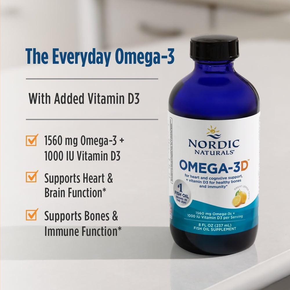 Nordic Naturals Omega-3D, Lemon Flavor - 8 oz - 1560 mg Omega-3 + 1000 IU Vitamin D3 - Fish Oil - EPA & DHA - Immune Support, Brain & Heart Health, Healthy Bones - Non-GMO - 48 Servings