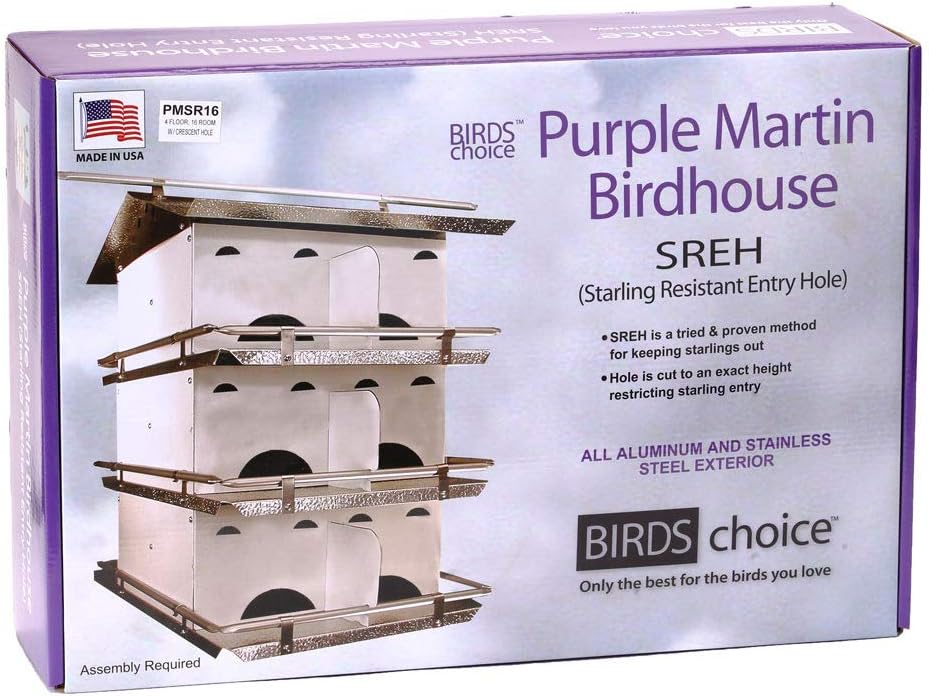 Birds Choice Premium Aluminum Purple Martin House – 16 Room, 4 Floor Birdhouse with Starling Resistant Entrance Holes, Ventilated Roof & Easy Cleaning, Unassembled– USA Made
