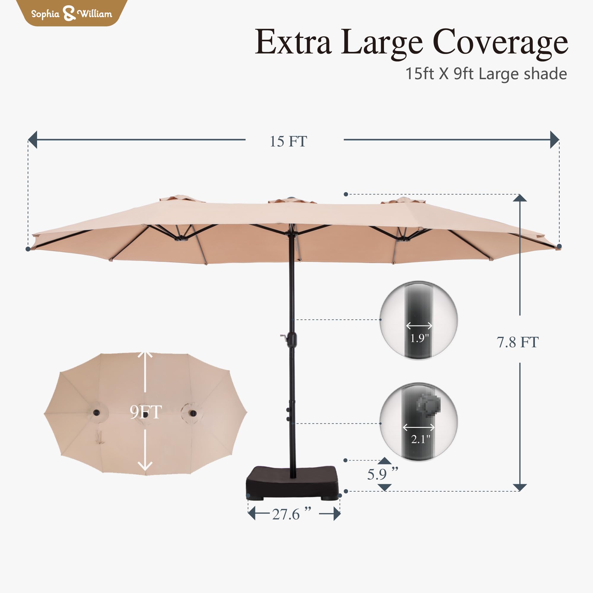 Sophia & William 15 ft Extra Large Patio Umbrella with Base Included, Rectangular Outdoor Umbrella Heavy Duty, Market Umbrella Double-sided Fade Resistant for Pool Garden Backyard, Beige