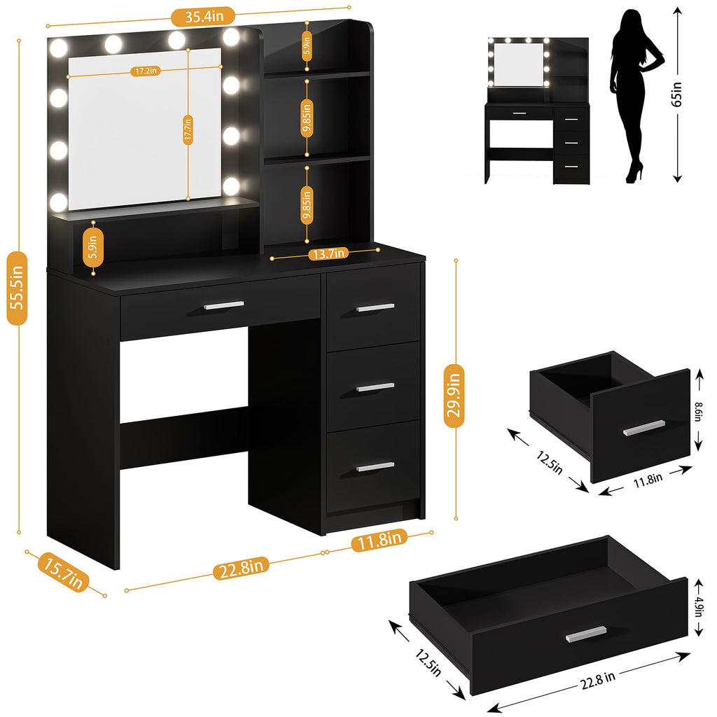 Vanity Desk with Lighted Mirror, Black Vanity with 4 Drawers,Makeup Vanity with Storage Shelves and Power Outlet,10 Lights with 3 Color Modes Brightness Adjustable for Girls’ Bedroom (Black)