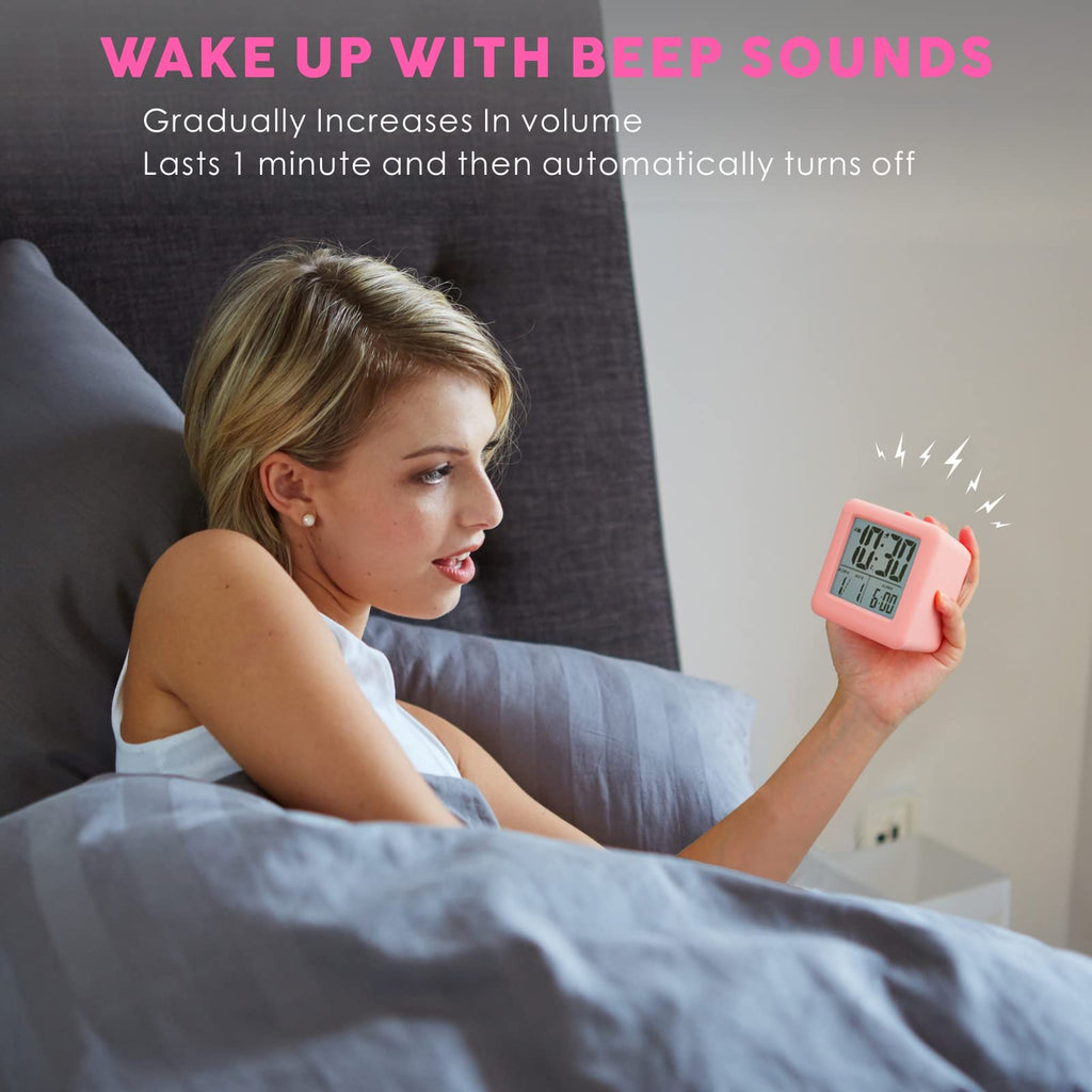 Plumeet Digital Alarm Clock Kids Clock with Snooze and White Nightlight - Easy Setting Travel Alarm Clocks Display Time, Date, Alarm - Ascending Sound - Battery Powered (Baby Blue)