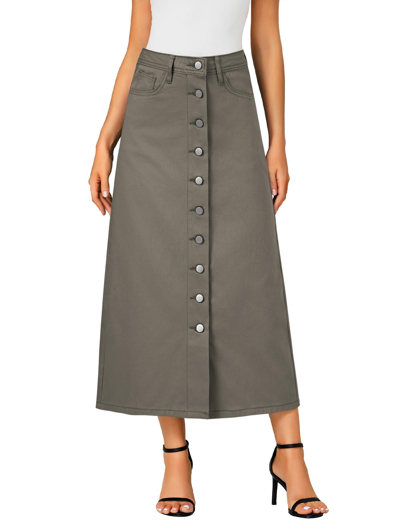 Vrtige Women's Casual Button Down High Waisted A Line Jean Midi Long Denim Skirt with Pockets
