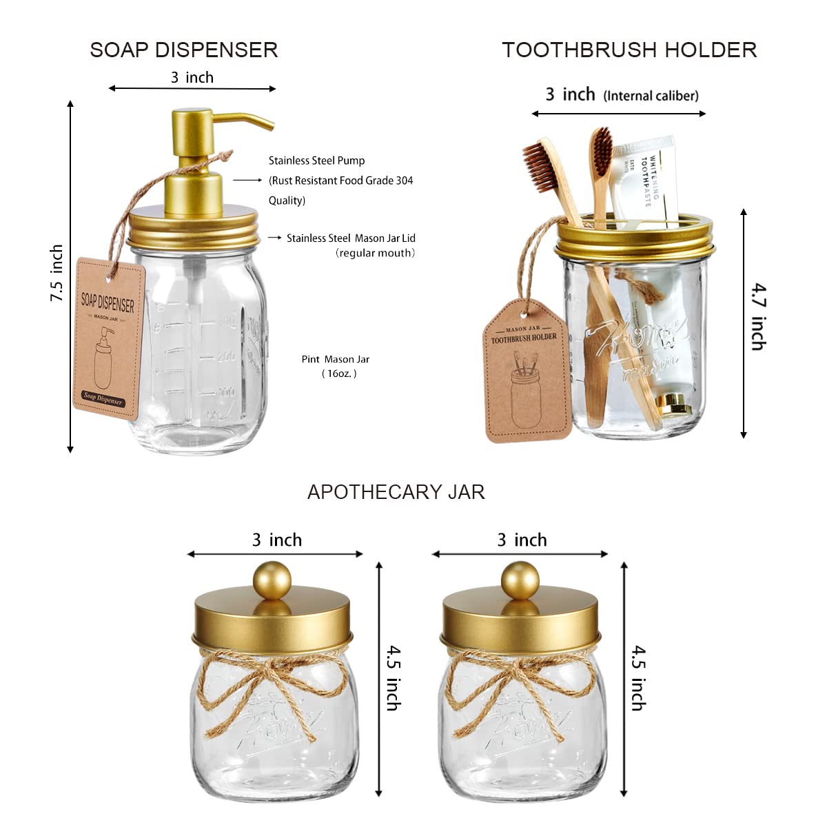 SheeChung 6Pcs Mason Jars Bathroom Accessories Set Complete - Toothbrush Holder, Lotion Soap Dispenser, 2 Mason Jars, Soap Dish, Toilet Paper Basket, Rustic Farmhouse Decor (Black, 6Pcs Bathroom Set)