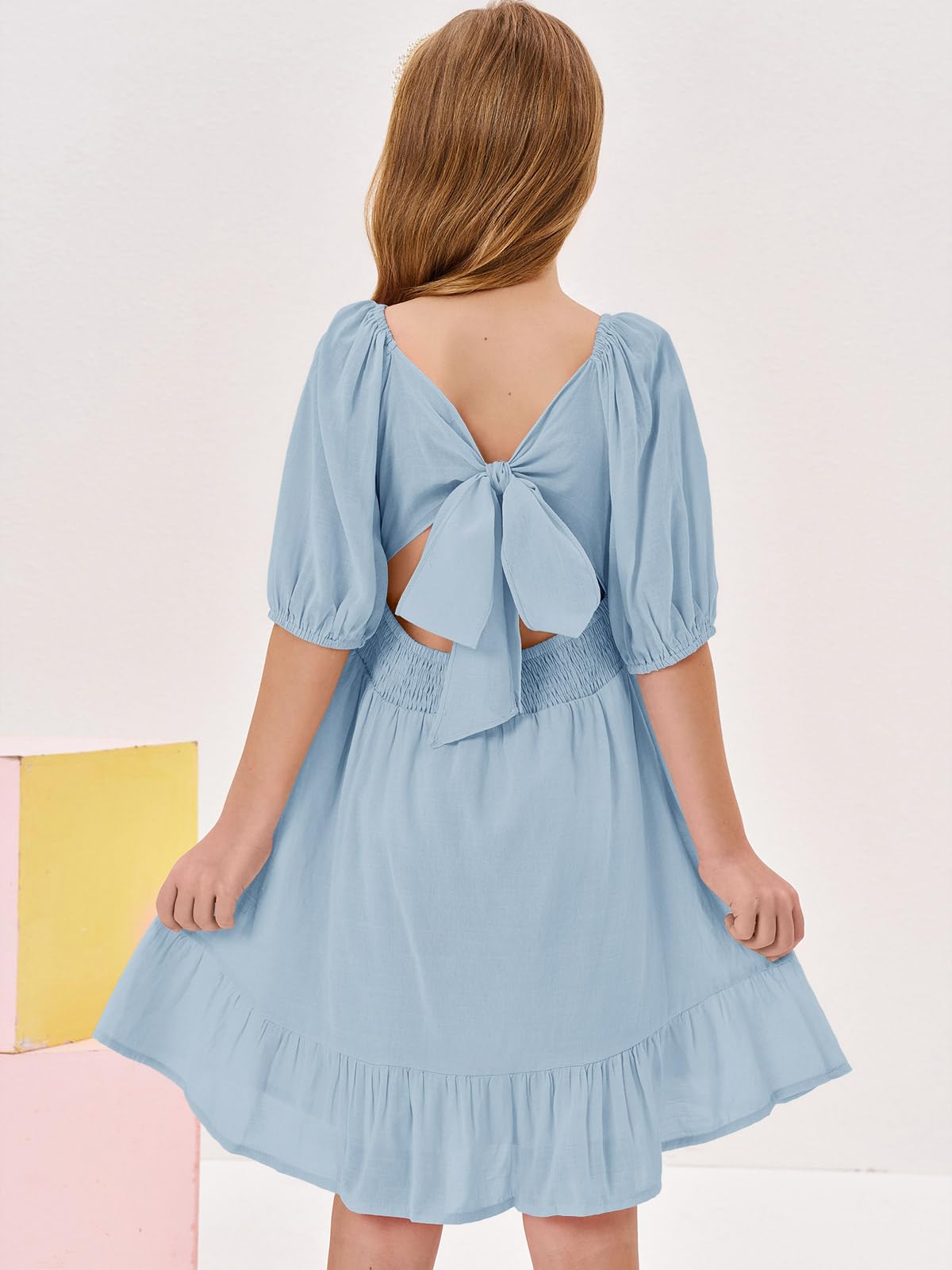 Girls Summer Dresses Square Neck Lantern Sleeve Tie Backless Ruffle A-Line Party Mini Dress