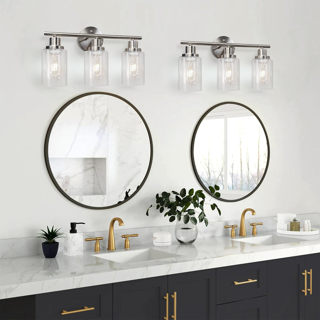 Unicozin 2 Pack Modern Bathroom Light Fixtures, 3 Light Vanity Lights, Black Wall Lamp with Clear Glass for Bathroom, Mirror, Living Room, Bedroom, Hallway, E26 Base