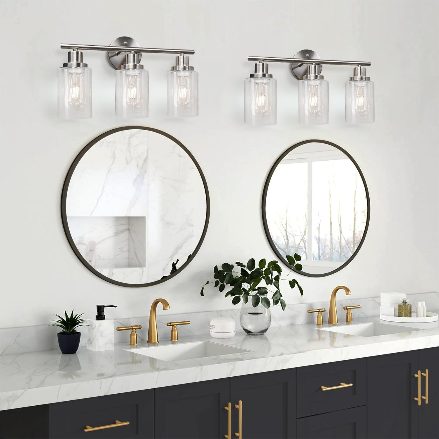 Unicozin 2 Pack Modern Bathroom Light Fixtures, 3 Light Vanity Lights, Black Wall Lamp with Clear Glass for Bathroom, Mirror, Living Room, Bedroom, Hallway, E26 Base