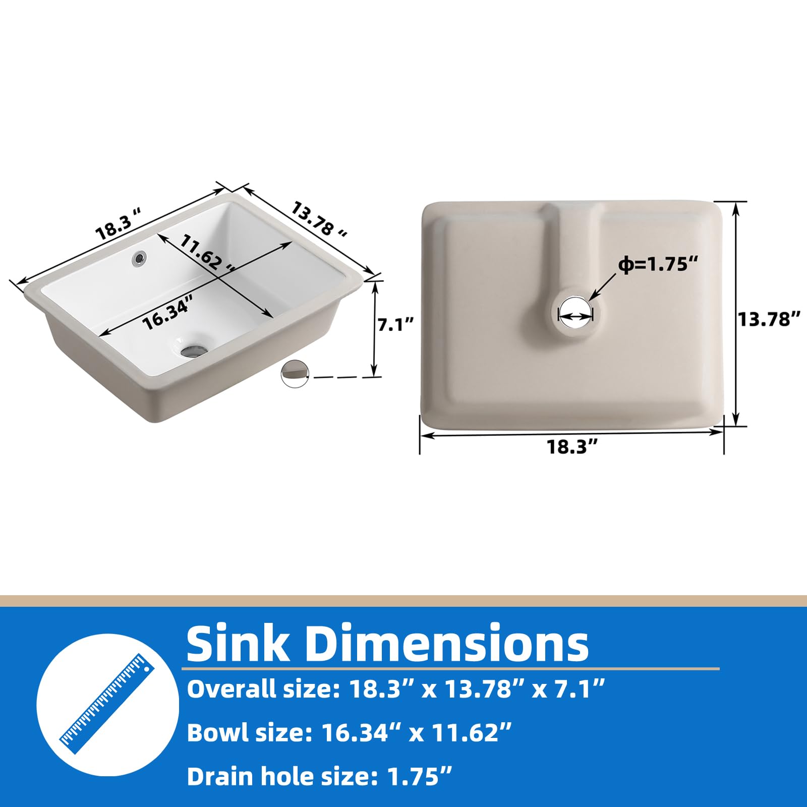 KINGWONG 14 Inch Small Square Undermount Bathroom Sink, 13.75" Ceramic White Porcelain Under Counter Basin for Vanity, Modern Rectangular Sink with Overflow Hole, Easy to Clean, Interior 11.5" x 11.5"