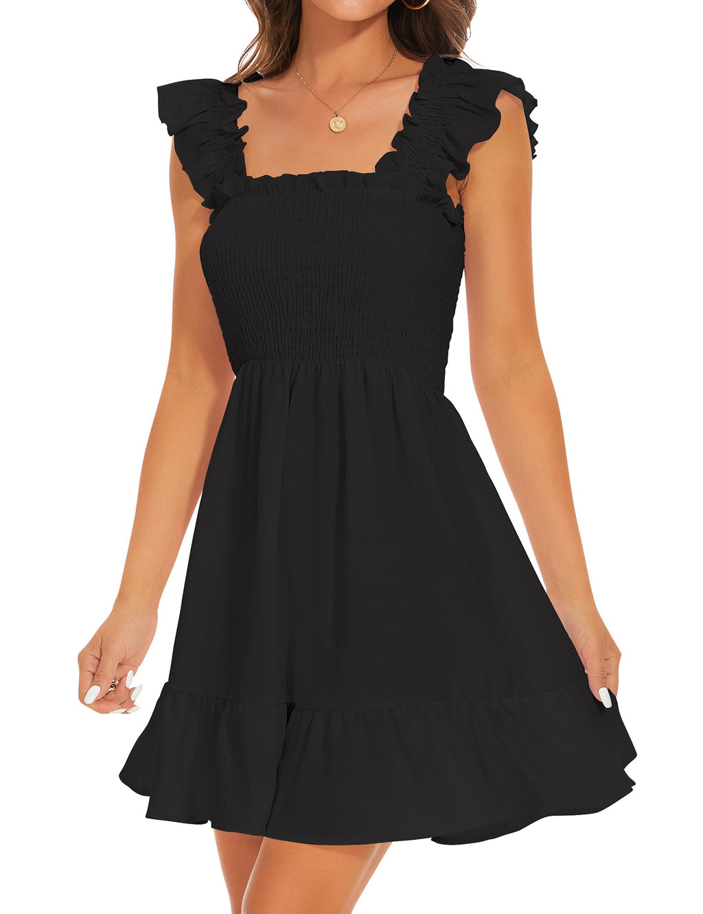 ROYLAMP Women's Smocked Dresses Square Neck Elegant Tiered Boho Ruffle Shoulder Swing Flowy Summer Casual Mini Dress