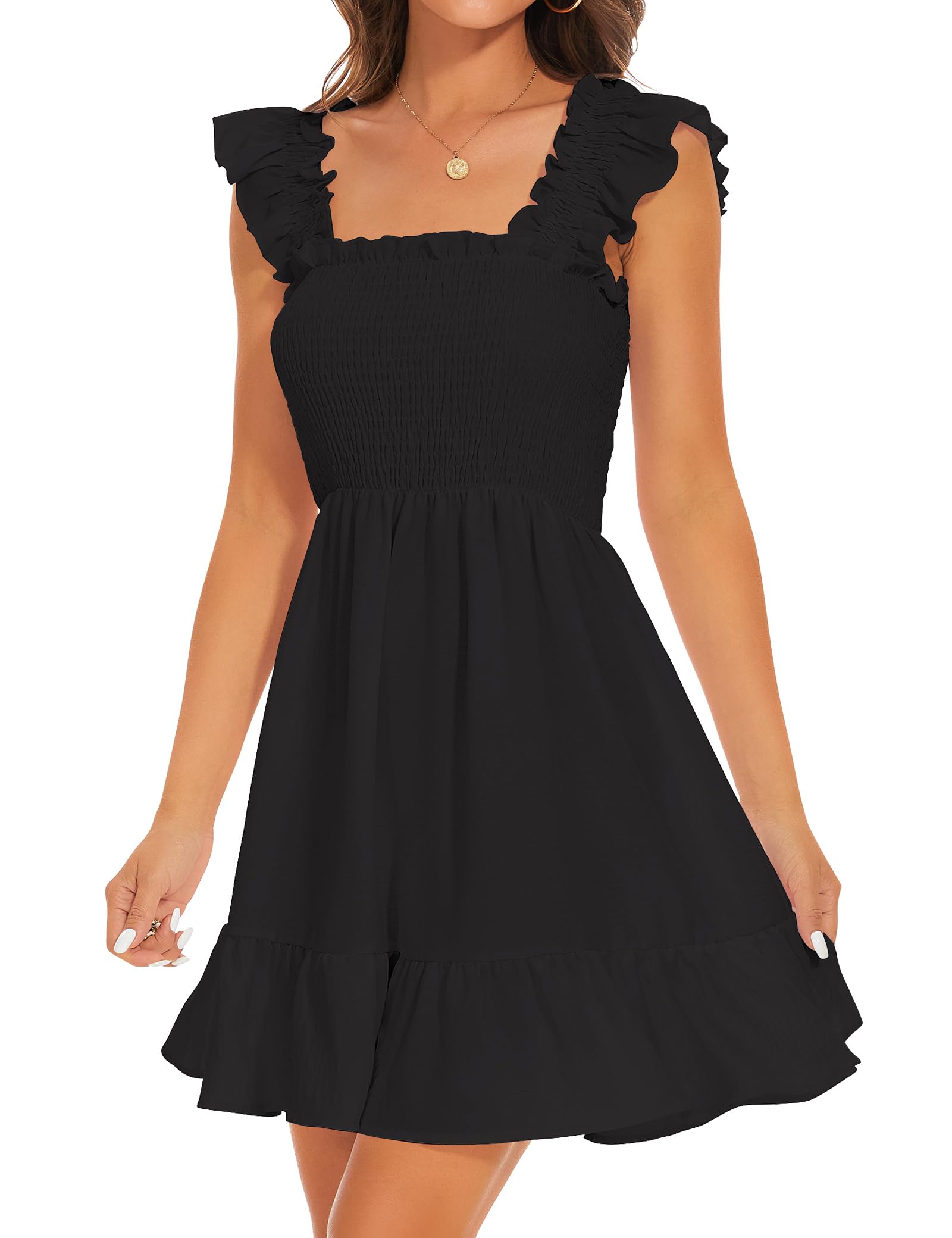ROYLAMP Women's Smocked Dresses Square Neck Elegant Tiered Boho Ruffle Shoulder Swing Flowy Summer Casual Mini Dress