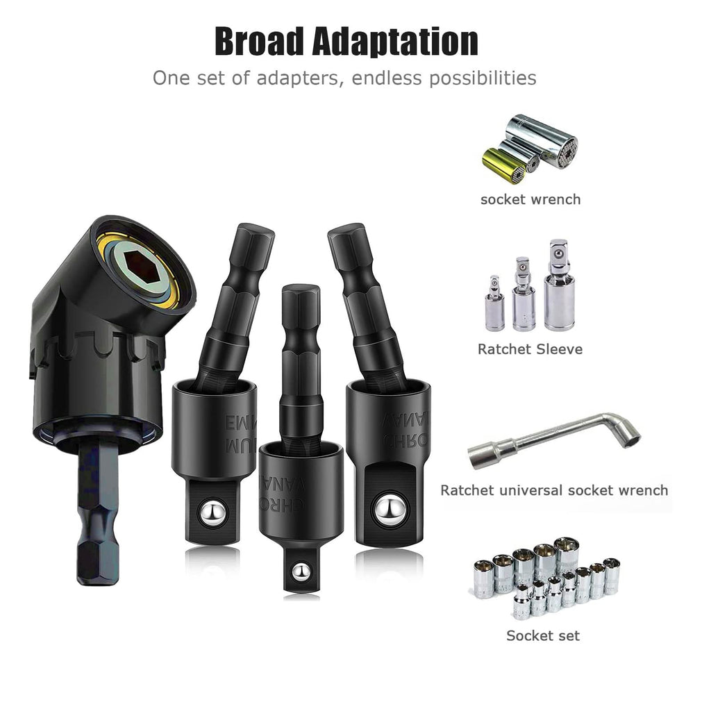 CIGOTU Impact Grade Power Hand Tools Driver Sockets Adapter Extension Set, 3Pcs 1/4 3/8 1/2" Hex Shank Drill Nut Driver Bit Set + 105 Degree Right Angle Driver Extension Screwdriver Drill Attachment