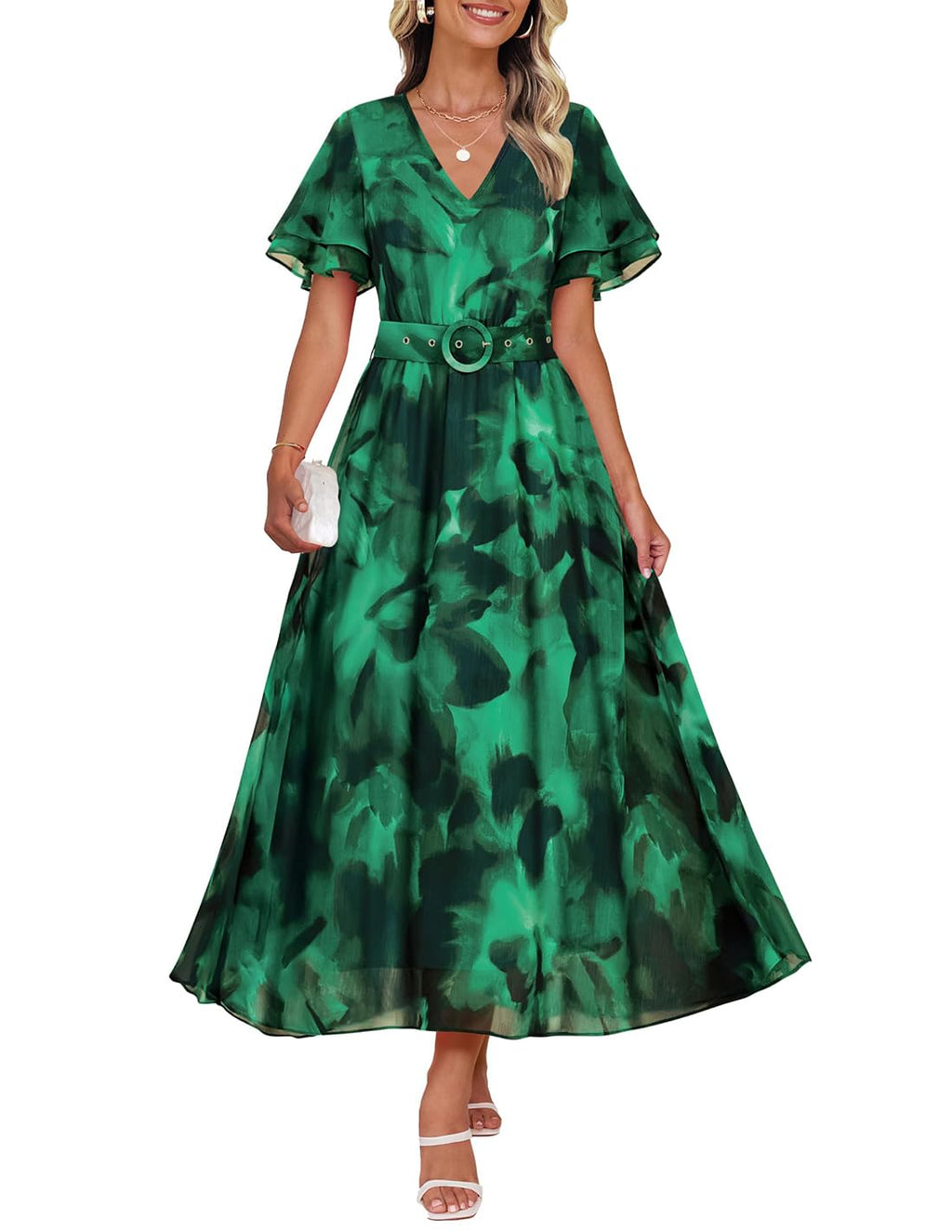 ZESICA Women's 2026 Summer Floral V Neck Midi Dress Boho Short Sleeve High Waist Flowy Beach Vacation Dresses with Belt