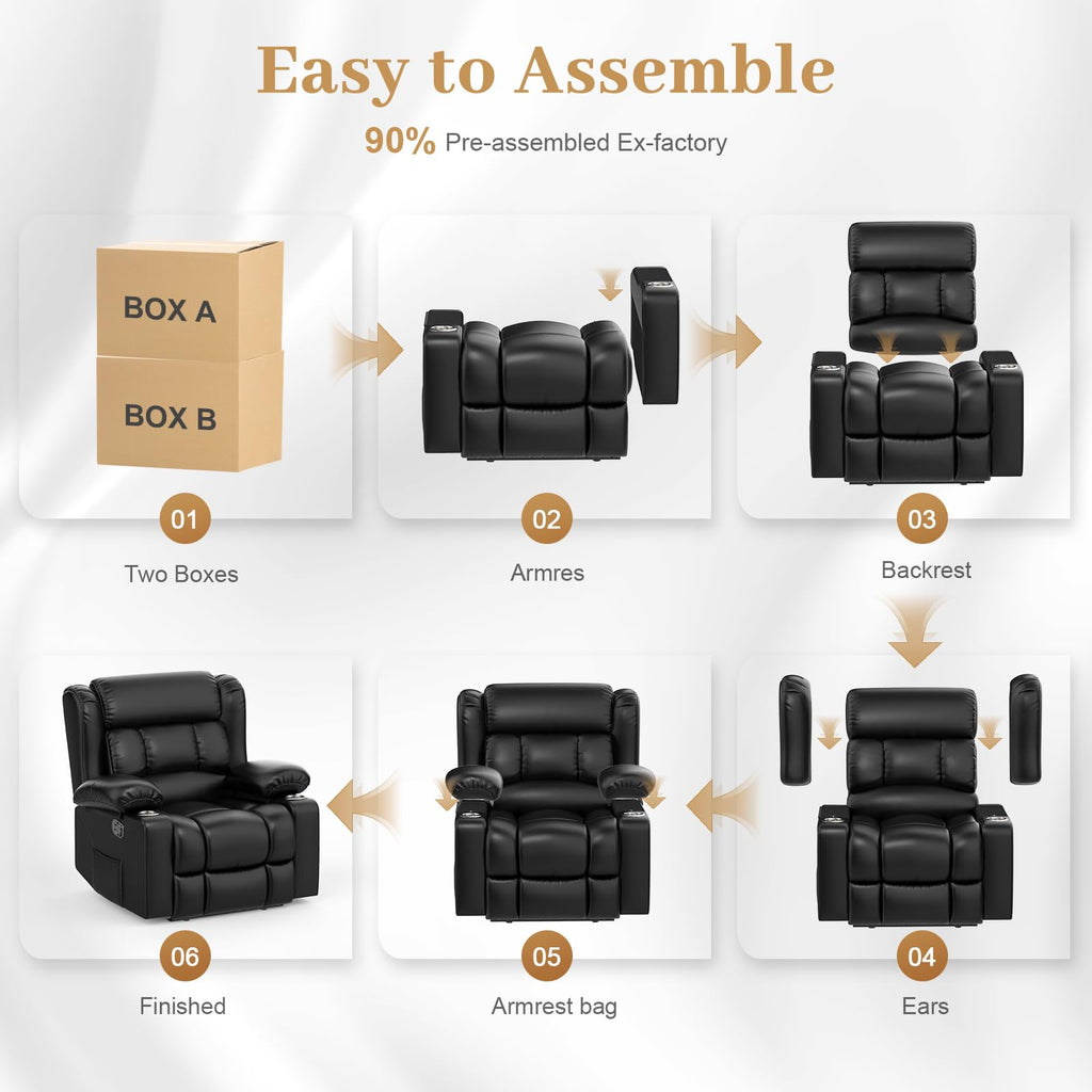 Recliner Chairs for Adults, FSC Certified Massage Reclining Chair with Heated Modern, Ergonomic Lounge Single Reclining Sofa Seat with Cup Holder & Pocket, Living Room Lounge Recliners Black