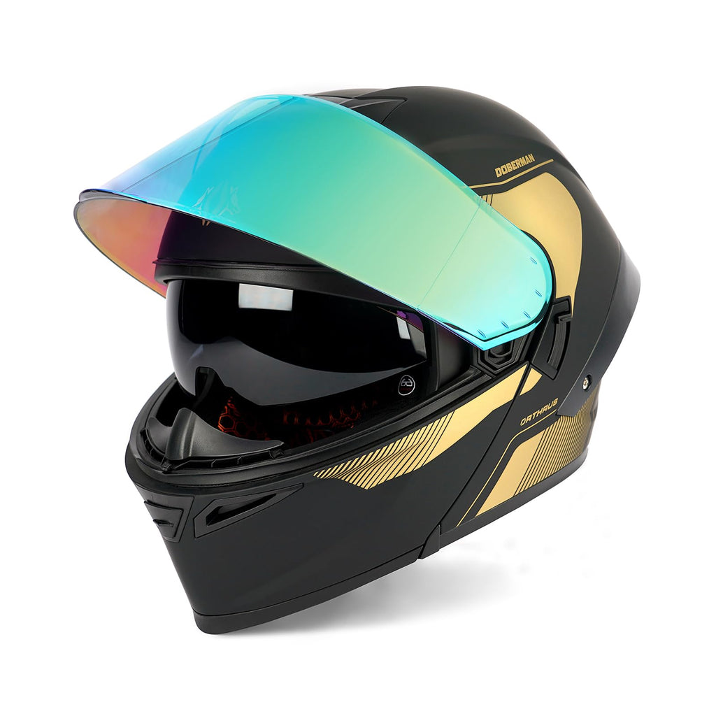 Orthrus Modular LED Full Face Motorcycle Helmet - DOT Approved Flip-Up Dual Visor Sun Shield & Bluetooth Ready for Adults Men Women - Street Bike/Motocross (Dobermann Gold, S)