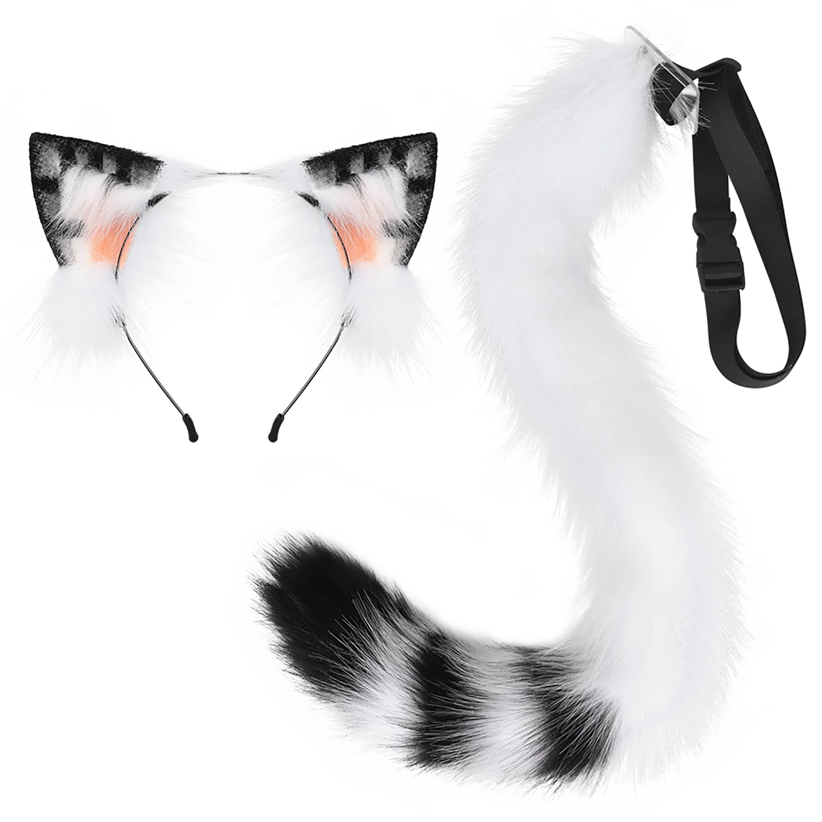 QinRuan Animal Cosplay Costume Accessories Furry Faux Fur Cat Ears Headband and Fox Tail Set Halloween Accessory