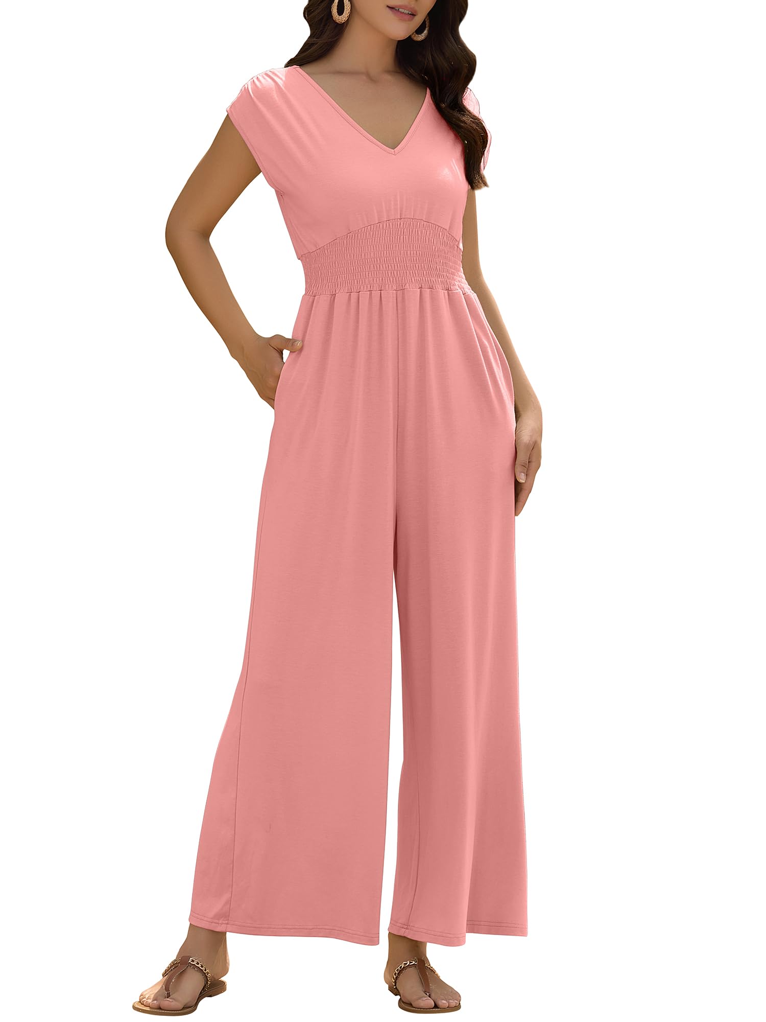 ZAFUL Womens Summer Jumpsuits 2026 Smocked Waist Dressy Casual One Piece Outfits with Pockets