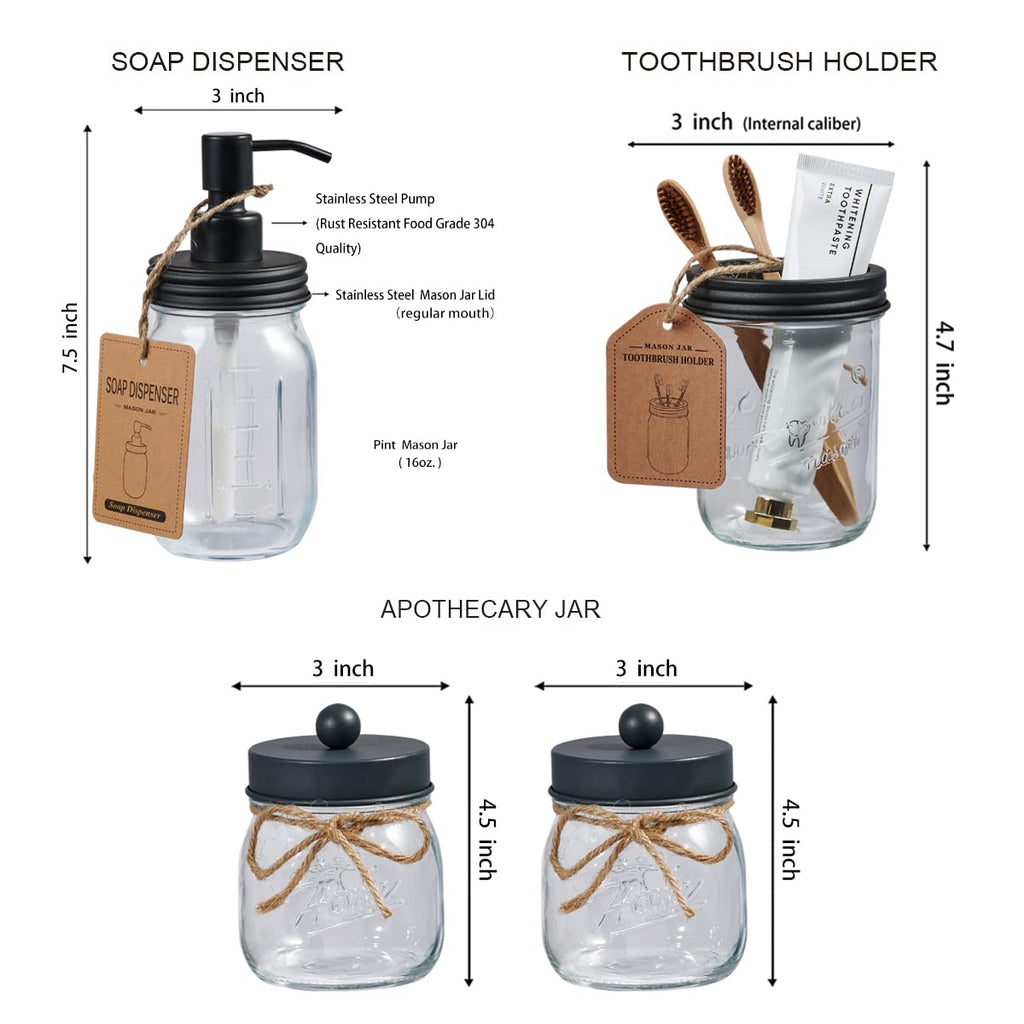 SheeChung 6Pcs Mason Jars Bathroom Accessories Set Complete - Toothbrush Holder, Lotion Soap Dispenser, 2 Mason Jars, Soap Dish, Toilet Paper Basket, Rustic Farmhouse Decor (Black, 6Pcs Bathroom Set)