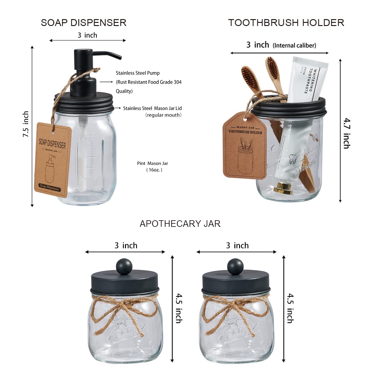 SheeChung 6Pcs Mason Jars Bathroom Accessories Set Complete - Toothbrush Holder, Lotion Soap Dispenser, 2 Mason Jars, Soap Dish, Toilet Paper Basket, Rustic Farmhouse Decor (Black, 6Pcs Bathroom Set)