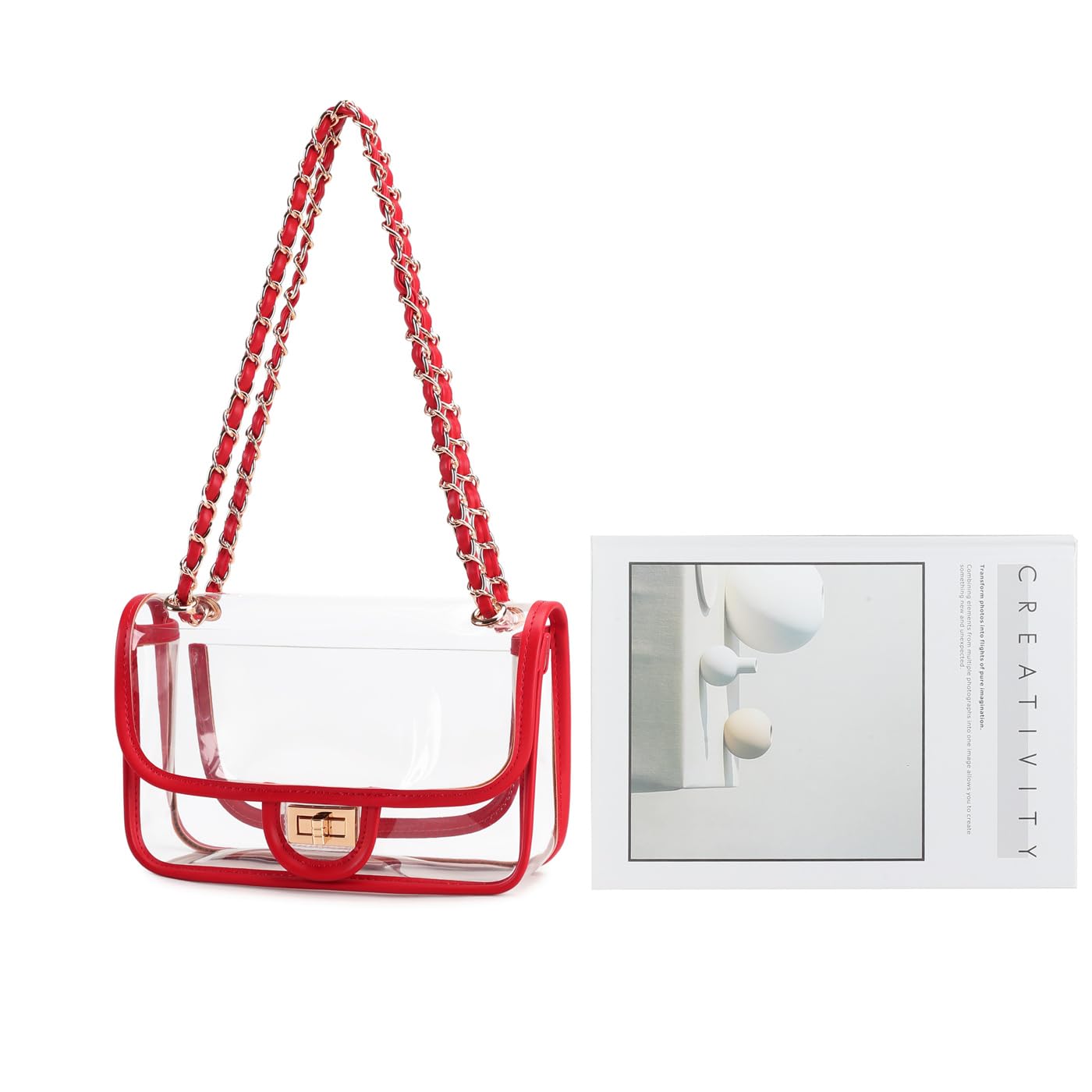 Womens PVC Clear Purse Handbag with Chain Stadium Approved Clear Bag See Through Bag for Working and Concert