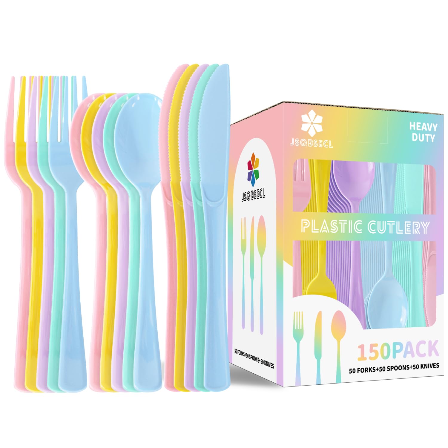 150 Pack Plastic Silverware,Disposable Cutlery Set Heavy Duty Utensil Sets 50 Forks 50 Knives 50 Spoons for Brithday, Wedding,Home School Party Picnics Restaurant Outdoor Events (Black)