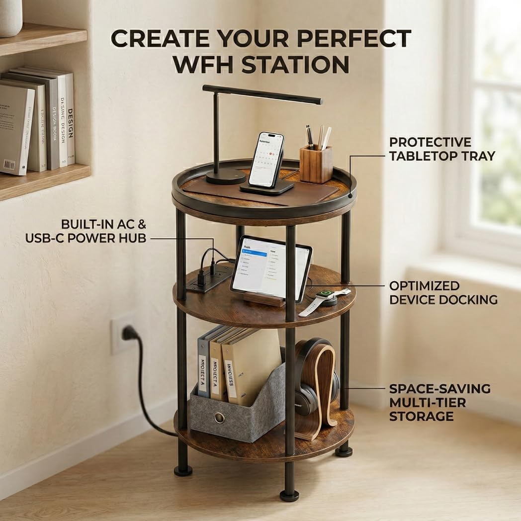 Small Round Side Table with Charging Station for Small Spaces, 3-Tier Accent Table with USB Ports & Power Outlets, Sofa Corner Tea Table for Living Room Nightstand Bedroom Apartment (Black)