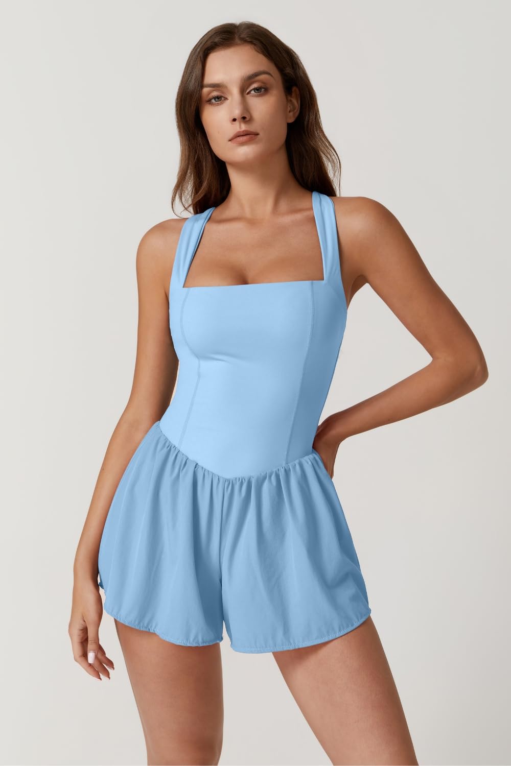 QINSEN Women's Square Neck Sleeveless Romper Jumpsuit Casual Summer One Piece Outfit with Pocket
