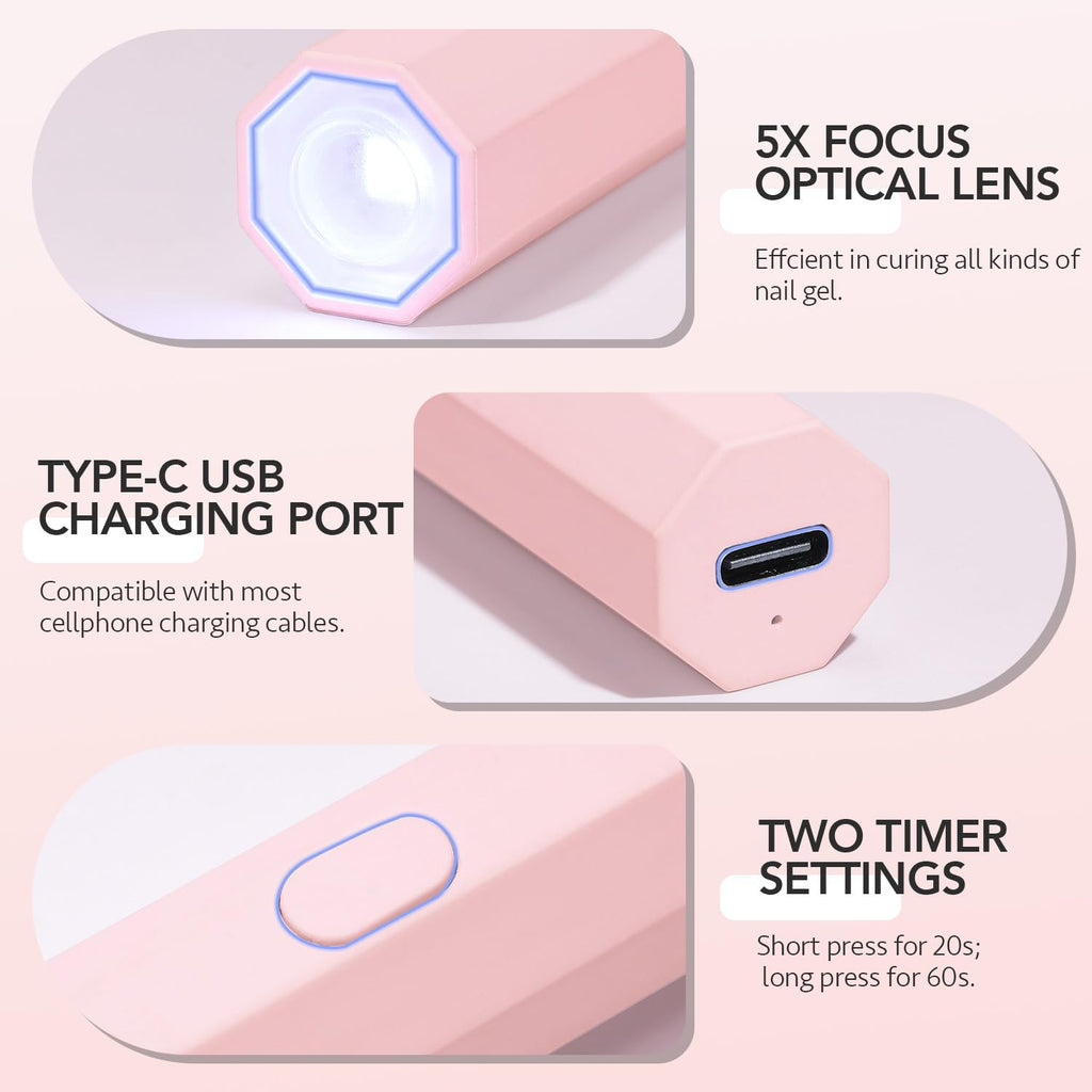 GAOY Handheld UV Light for Gel Nails, Mini Nail Lamp, Portable Cordless Rechargeable, Fast Curing, Diamond Pink