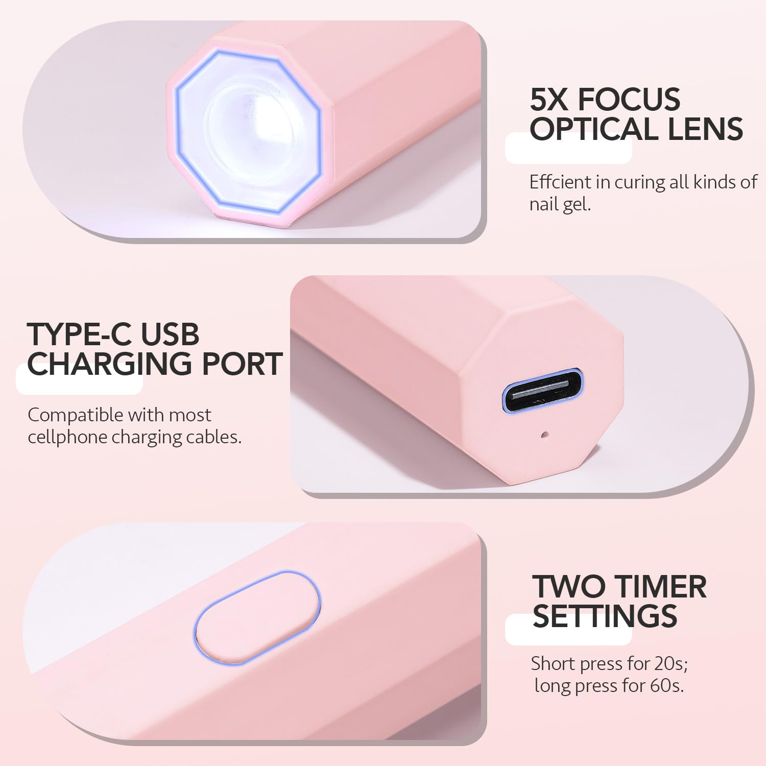 GAOY Handheld UV Light for Gel Nails, Mini Nail Lamp, Portable Cordless Rechargeable, Fast Curing, Diamond Pink