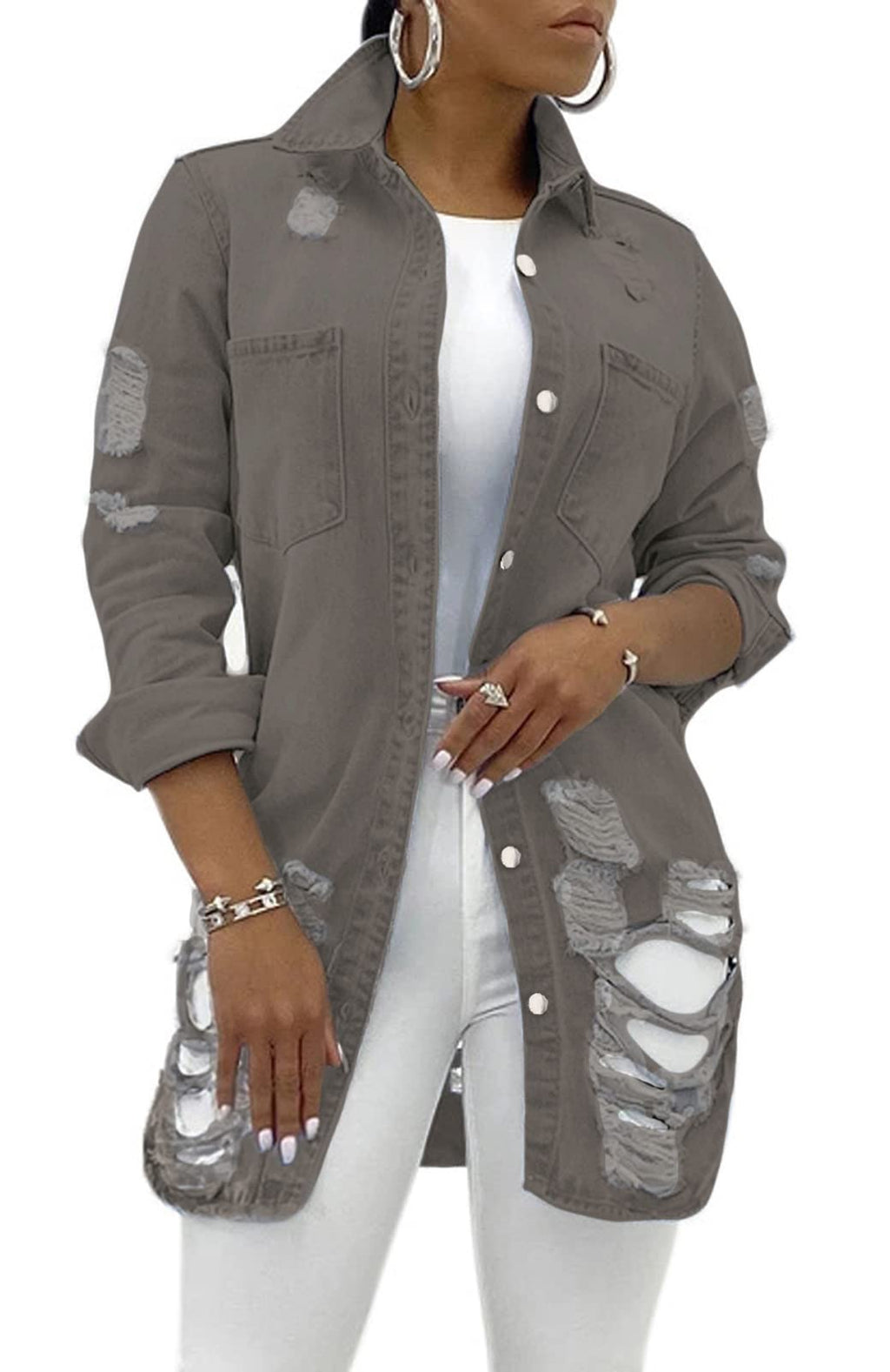 SeNight Women's Jean Jacket Long Sleeve Classic Distressed Fray Hem Tassels Denim Trucker Jackets
