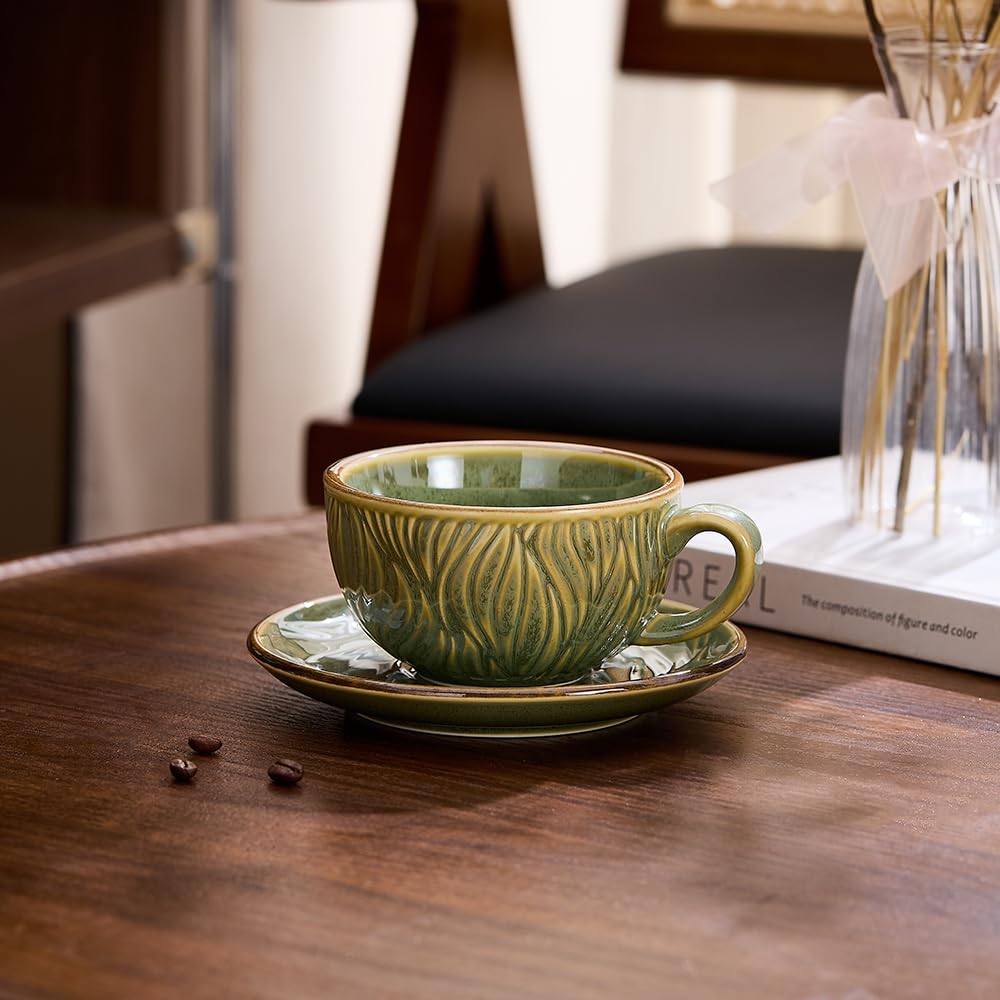 Coffeezone Vintage Design 12 oz Ceramic Latte Art Cappuccino Barista Cup with Saucer (Beige)