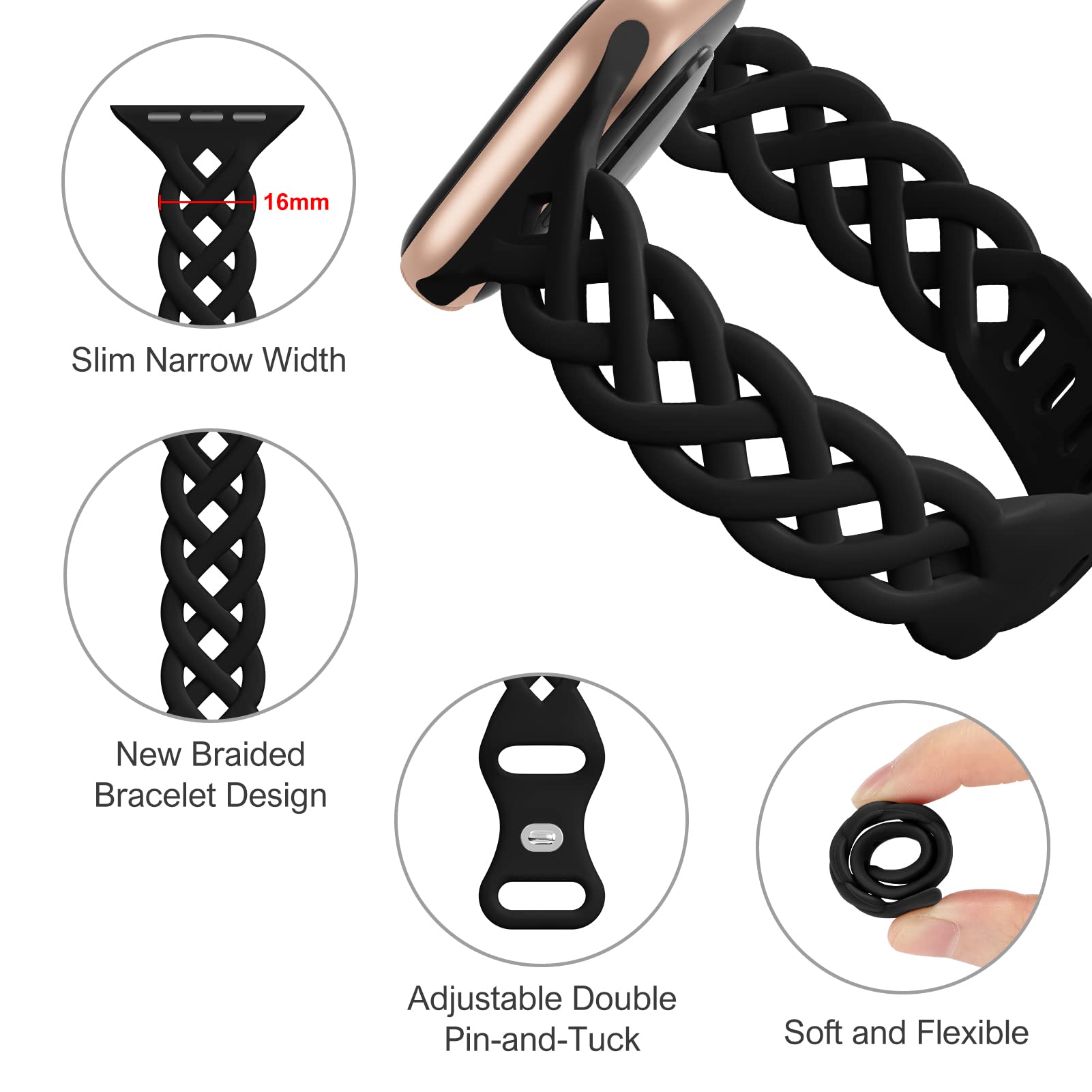 Slim Silicone Bands Compatible with Apple Watch Band 40mm 38mm 41mm 44mm 45mm 46mm 49mm 42mm Women Floral Breathable Braided Lace Thin Sport Strap Replacement Wristbands iWatch SE Series 11 10 9 8 7 6 5 4 3 ultra 2