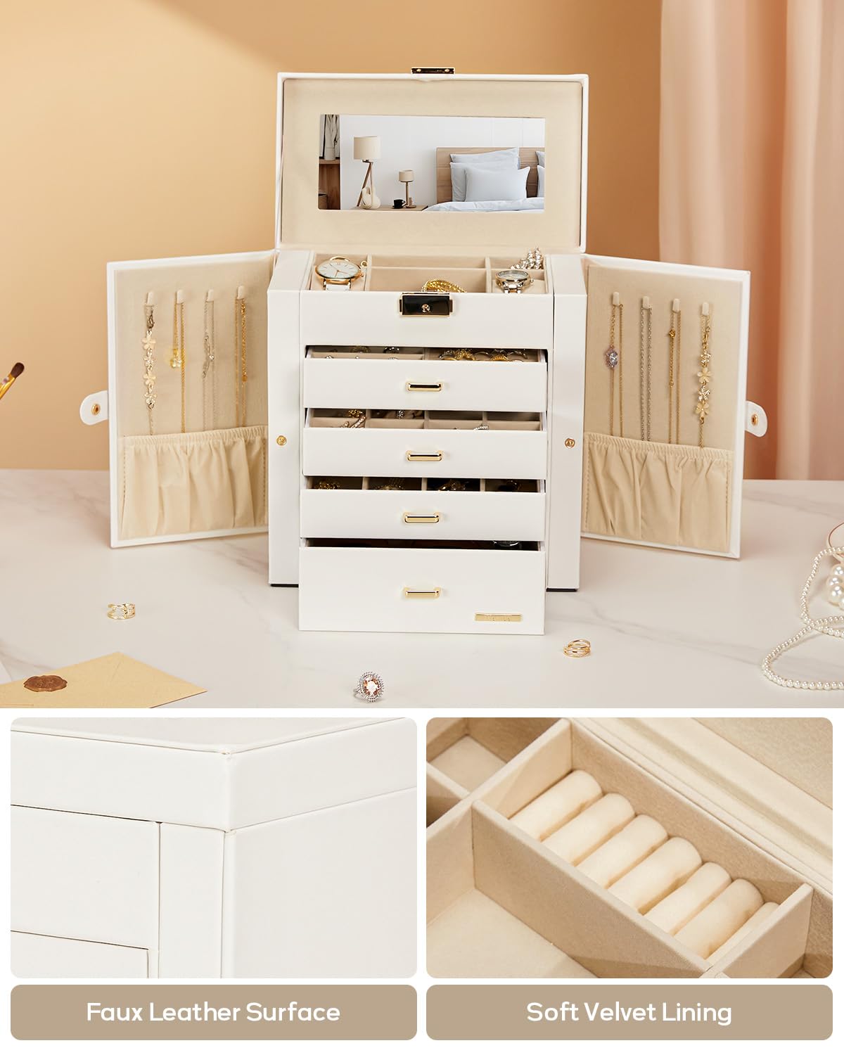 Homde Mothers Day Gifts Synthetic Leather Huge Jewelry Box Mirrored Watch Organizer Necklace Ring Earring Storage Lockable Gift Case (Black + Gold)