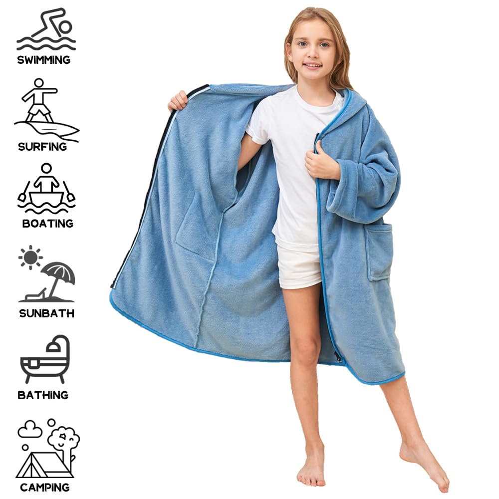 Hiturbo Kids Bath Towel Hoodie: Soft Plush Zipper Surf Poncho - Warm Fleece Changing Towels Swimming Outerwear (Blue)