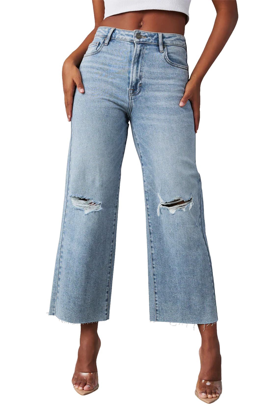 Allimy Women's High Waisted Straight Ankle Wide Leg Ripped Jeans Frayed Hem Stretchy Capri Denim Pants