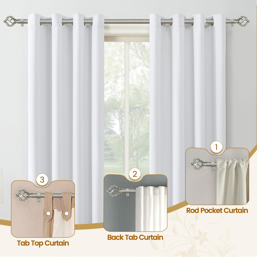 KAMANINA Silver Curtain Rod 32 to 58 Inch(2.6-4.8ft), Adjustable Curtain Rods for Windows 28 to 48 Inch, 3/4 Inch Splicing Drapery Rods with Twisted Cage Finial