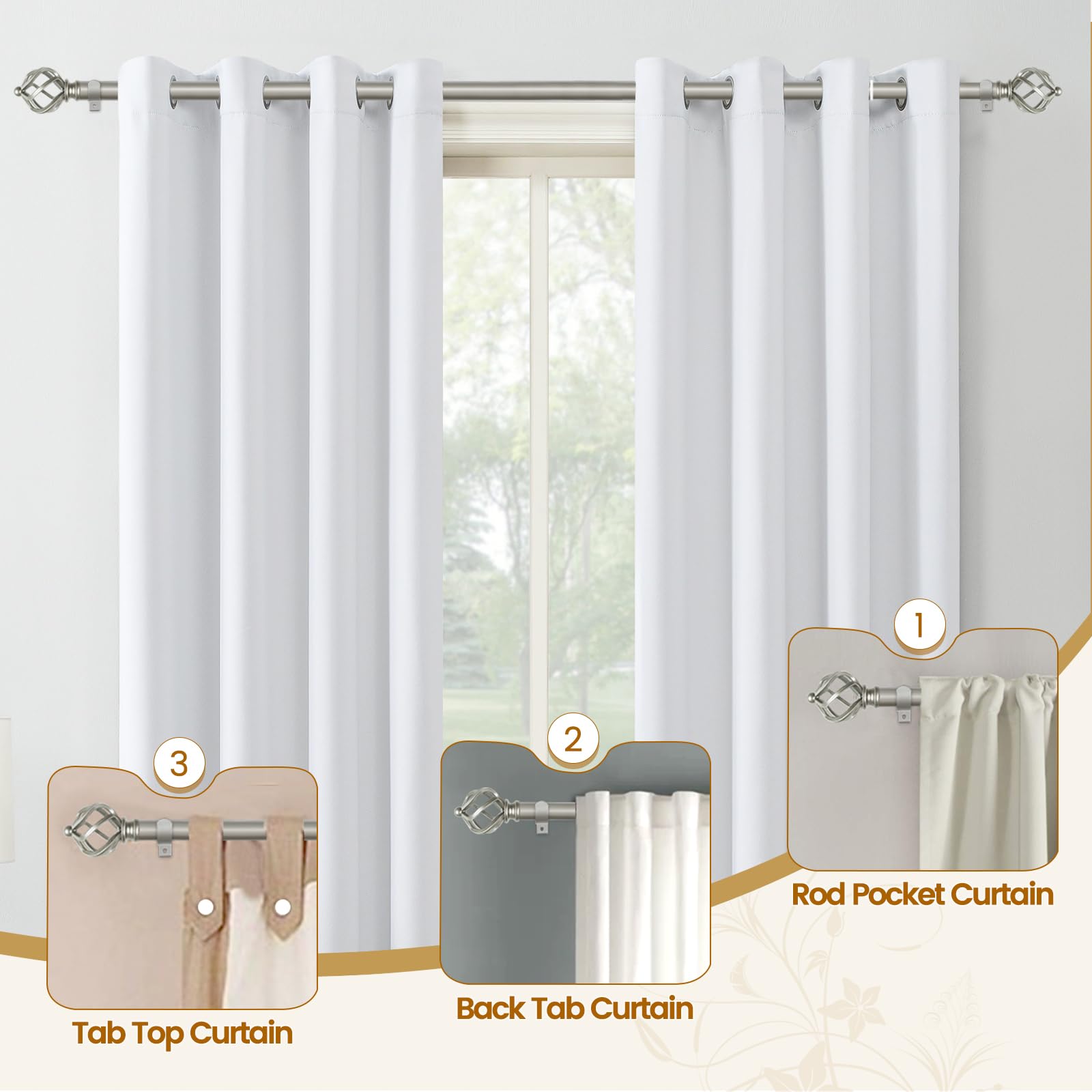 KAMANINA Silver Curtain Rod 32 to 58 Inch(2.6-4.8ft), Adjustable Curtain Rods for Windows 28 to 48 Inch, 3/4 Inch Splicing Drapery Rods with Twisted Cage Finial