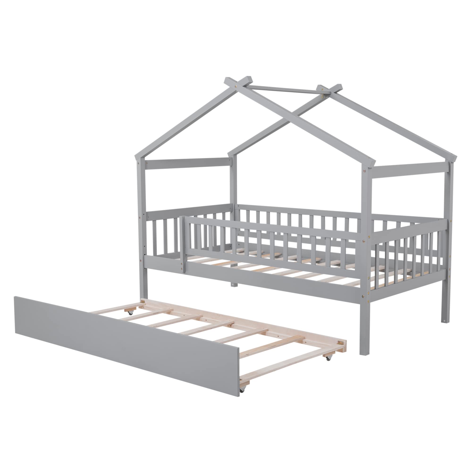 Merax Twin Size Wooden House Bed with Two Drawers, Wood Bed Frame with Roof for Kids, Teens, Boys or Girls, Grey