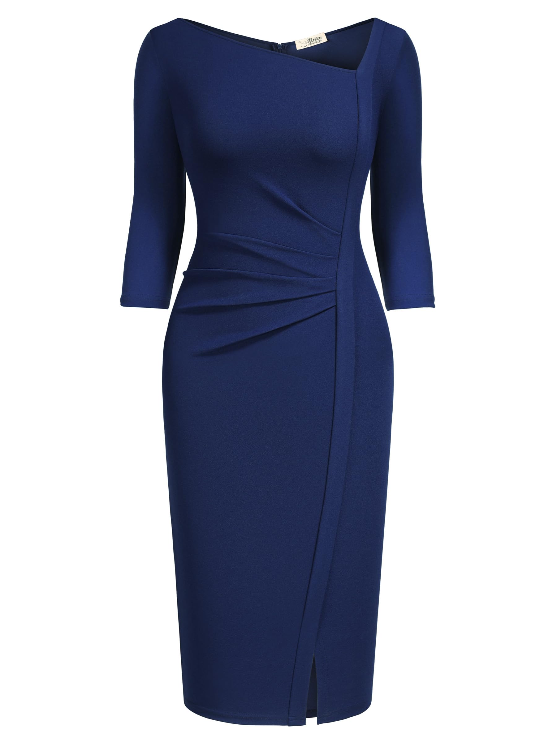 AISIZE Women's Retro 3/4 Sleeve Ruched Elegant Business Pencil Sheath Dress