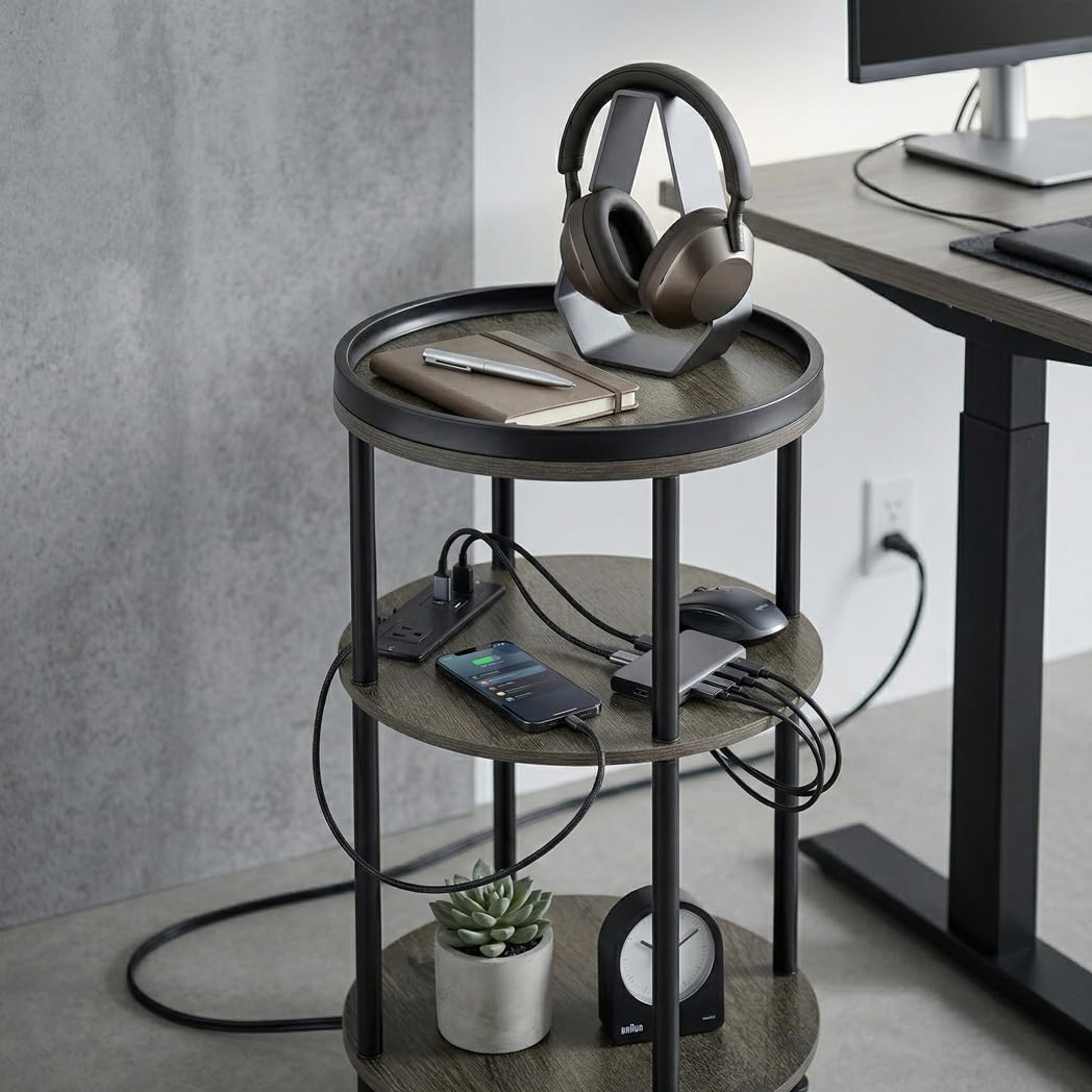 Small Round Side Table with Charging Station for Small Spaces, 3-Tier Accent Table with USB Ports & Power Outlets, Sofa Corner Tea Table for Living Room Nightstand Bedroom Apartment (Black)