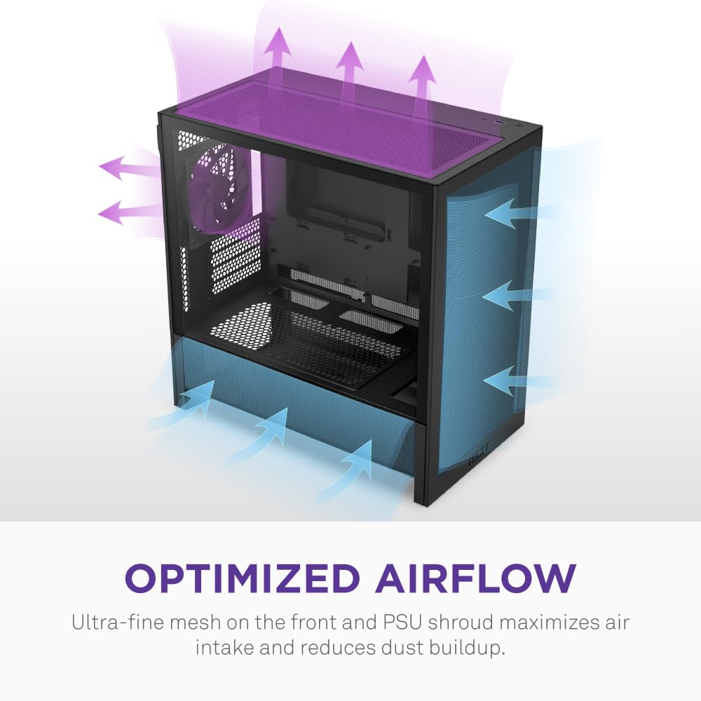NZXT H3 Flow – Micro-ATX PC Case – Optimized Airflow – Includes 1 x 120mm Rear Fan – Supports Full-Sized GPUs – Fits 280mm Front, 240mm Top Radiator – Back-Connect Motherboard – Black