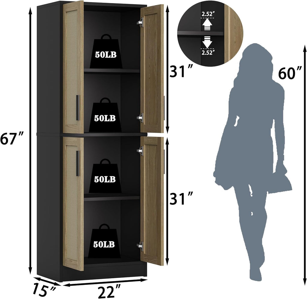 Pantry - Kitchen Pantry Cabinet with 4 Doors and Adjustable Shelves, Tall Black Cabinet Freestanding Storage Cupboard for Dining Room Living Room, Laundry, Bathroom (Black)