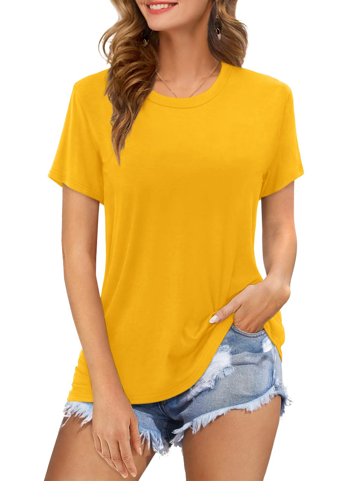 Womens Short Sleeve T Shirts Crewneck Summer Trendy Solid Basic Tee Tops Casual Summer Loose Fit Shirts